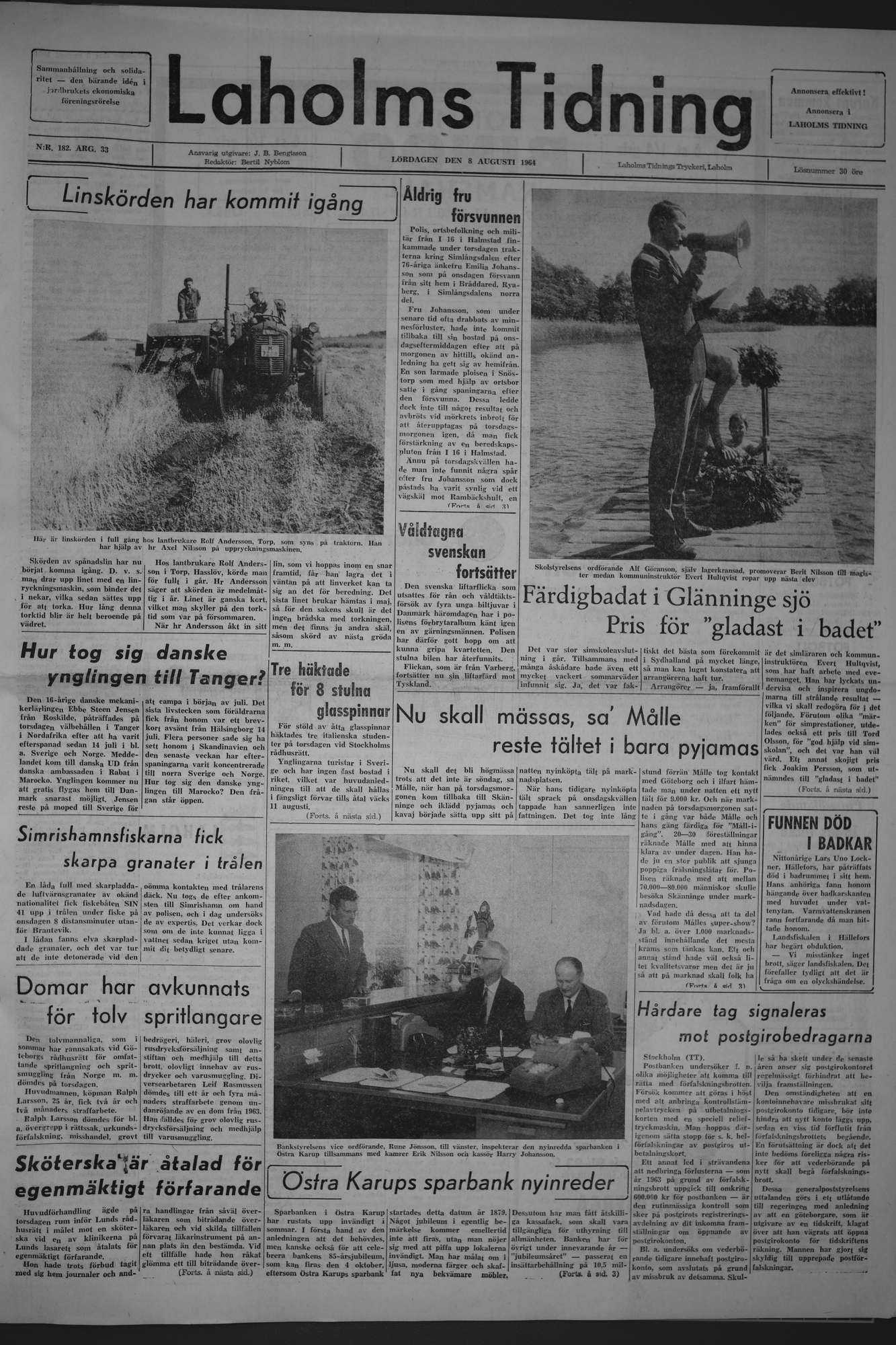 Laholms Tidning Lördag 8 augusti 1964, sida 1