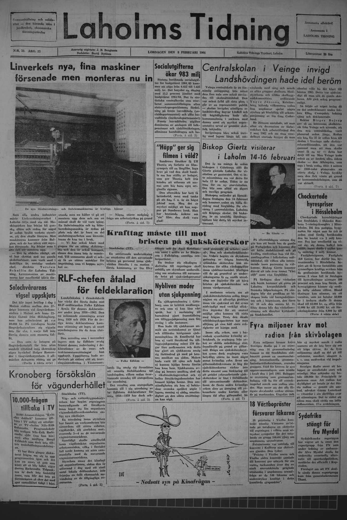 Laholms Tidning Lördag 8 februari 1964, sida 1
