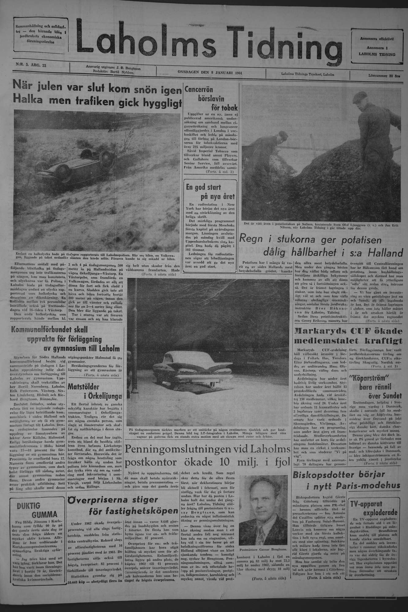 Laholms Tidning Onsdag 8 januari 1964, sida 1