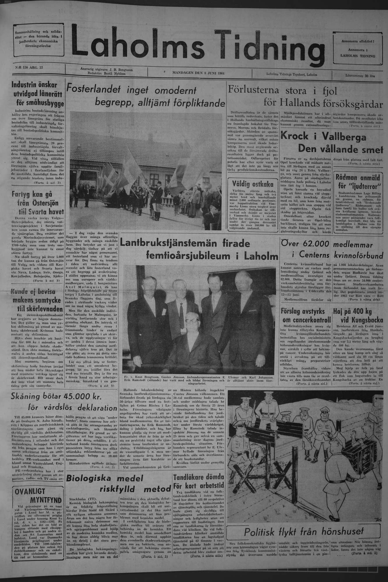 Laholms Tidning Måndag 8 juni 1964, sida 1