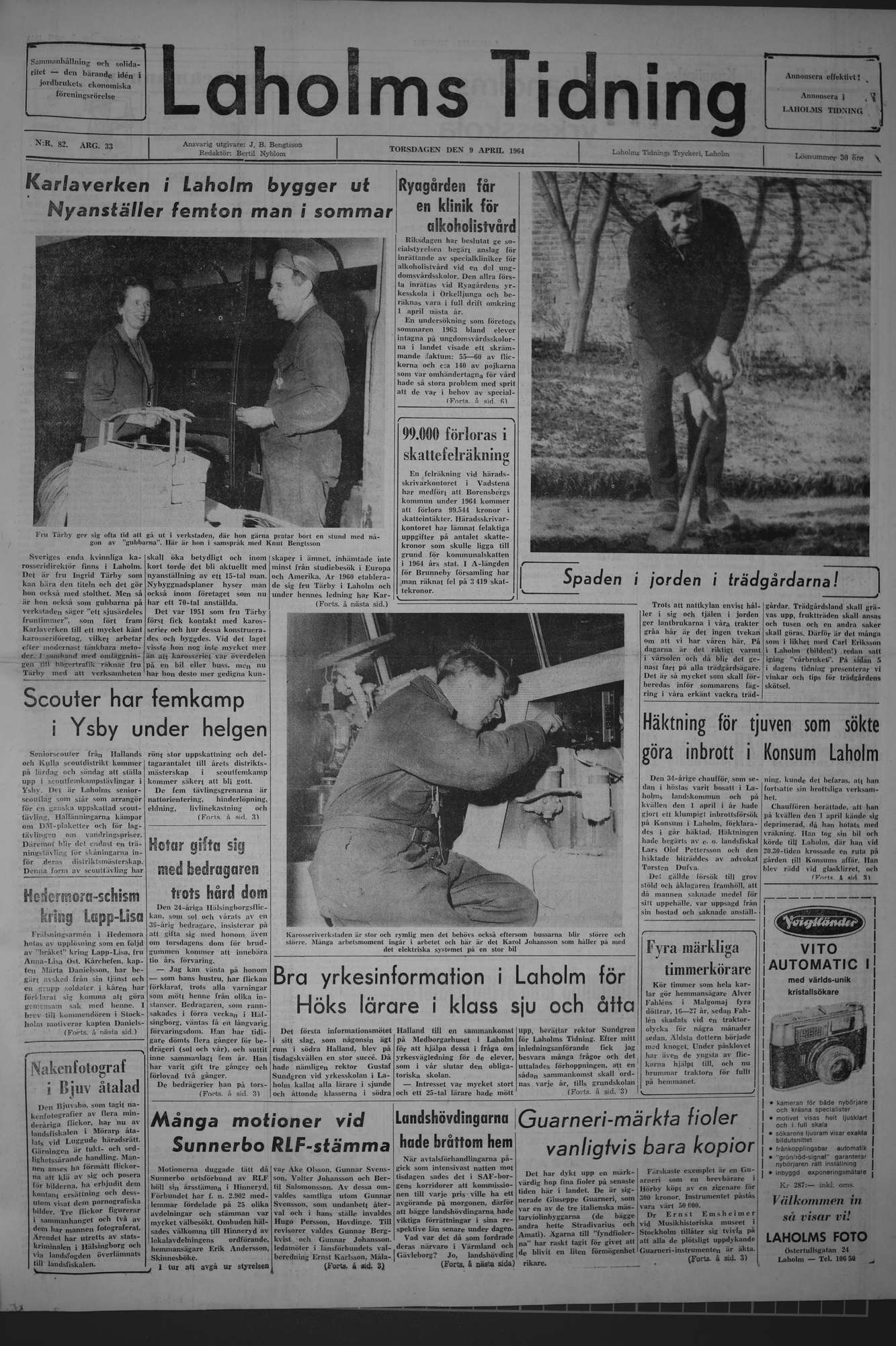Laholms Tidning Torsdag 9 april 1964, sida 1