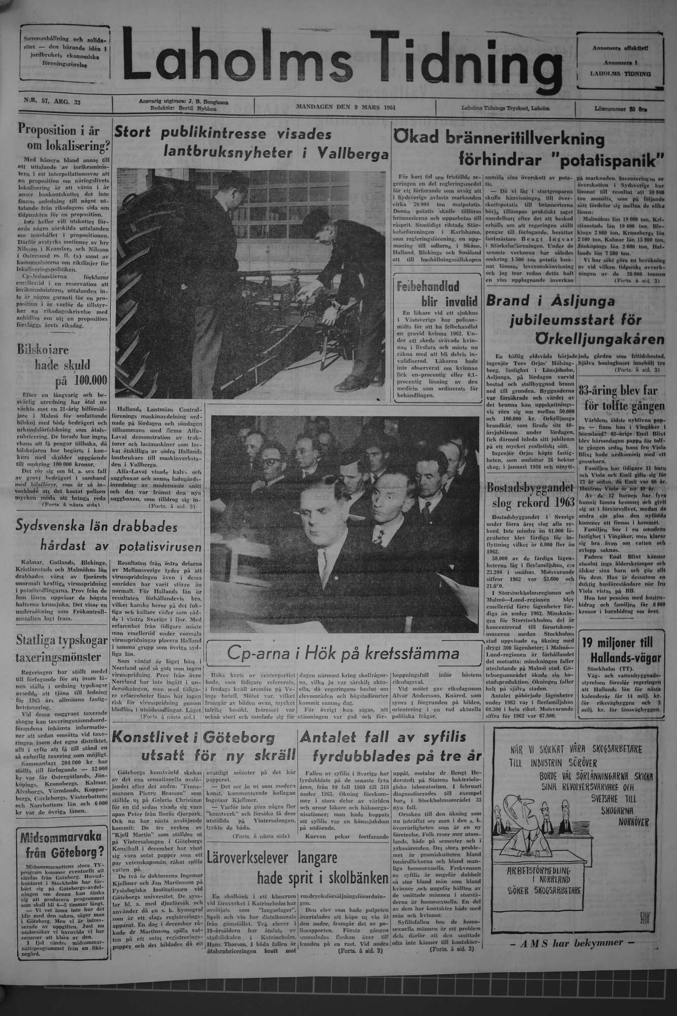 Laholms Tidning Måndag 9 mars 1964, sida 1