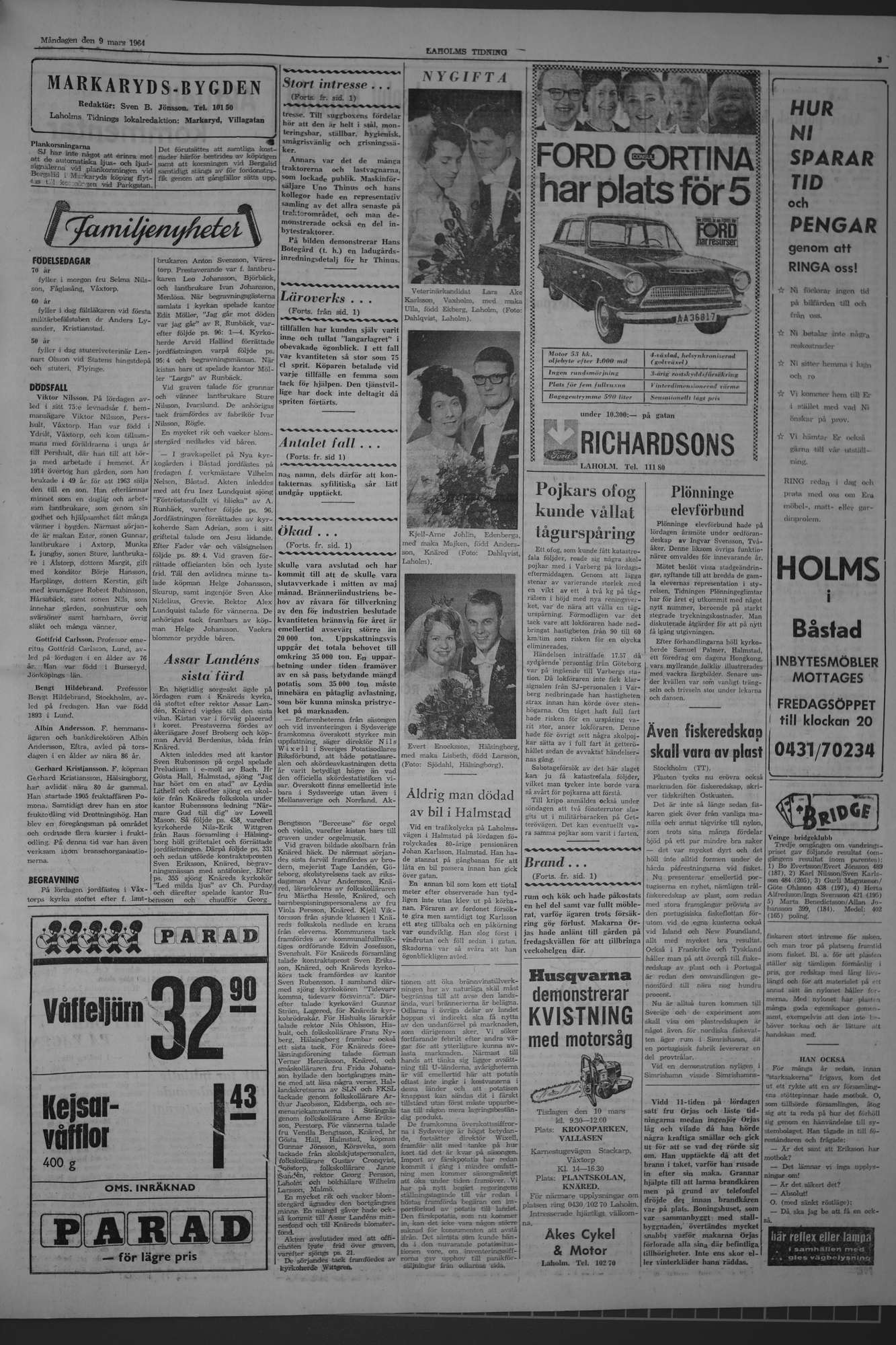 Laholms Tidning Måndag 9 mars 1964, sida 3