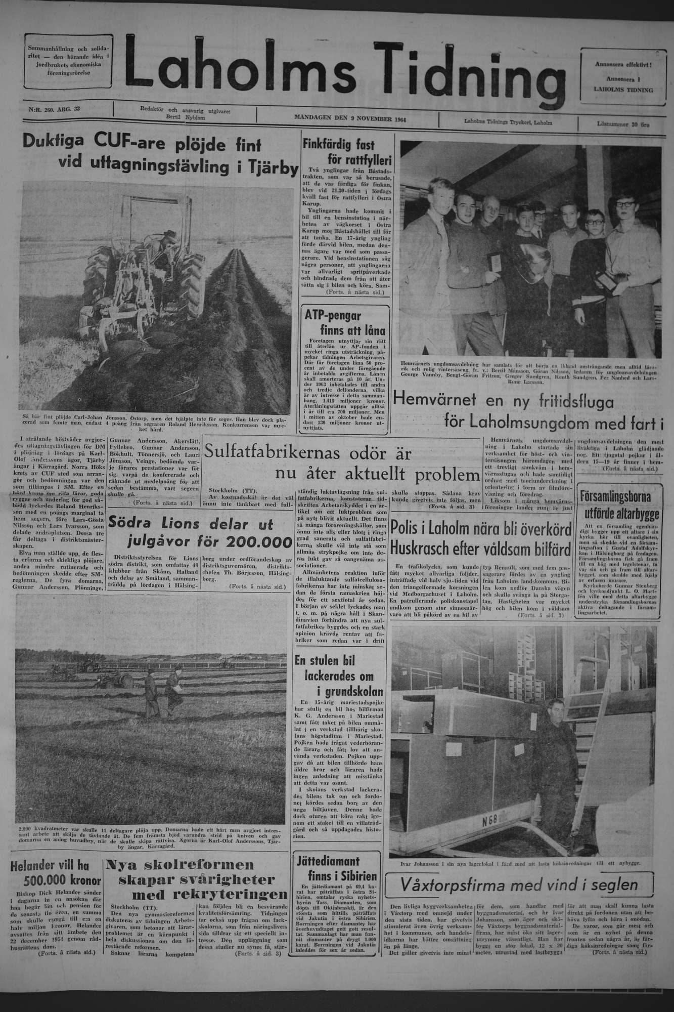 Laholms Tidning Måndag 9 november 1964, sida 1