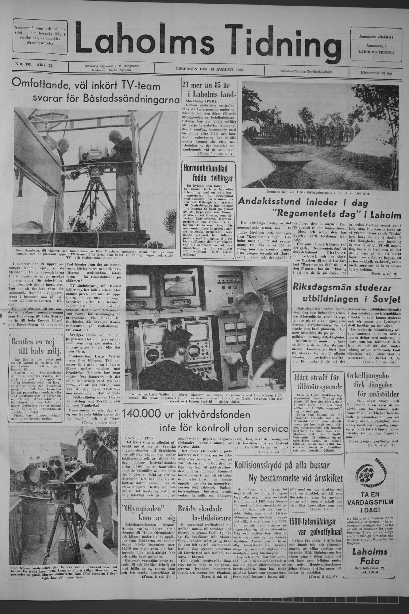 Laholms Tidning Lördag 15 augusti 1964, sida 1