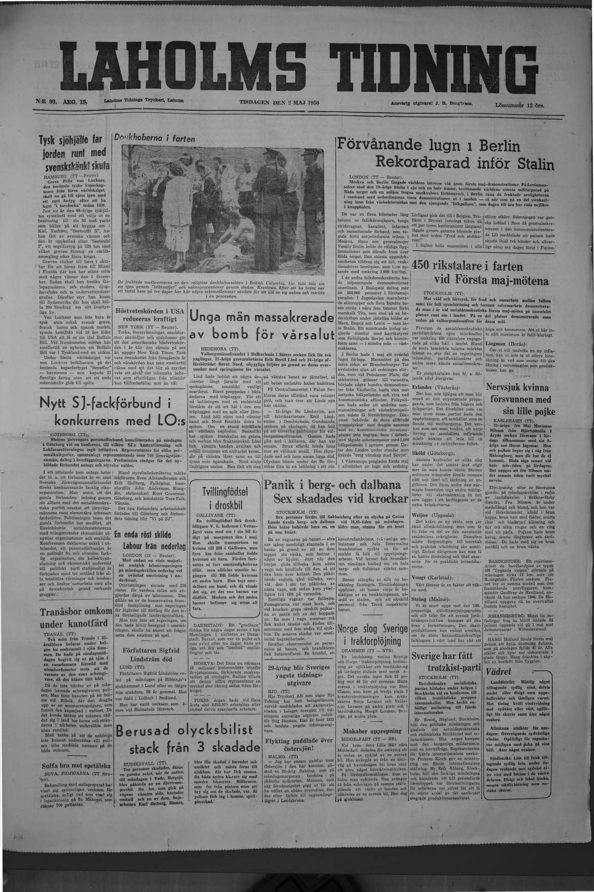 Laholms Tidning Tisdag 2 maj 1950, sida 1