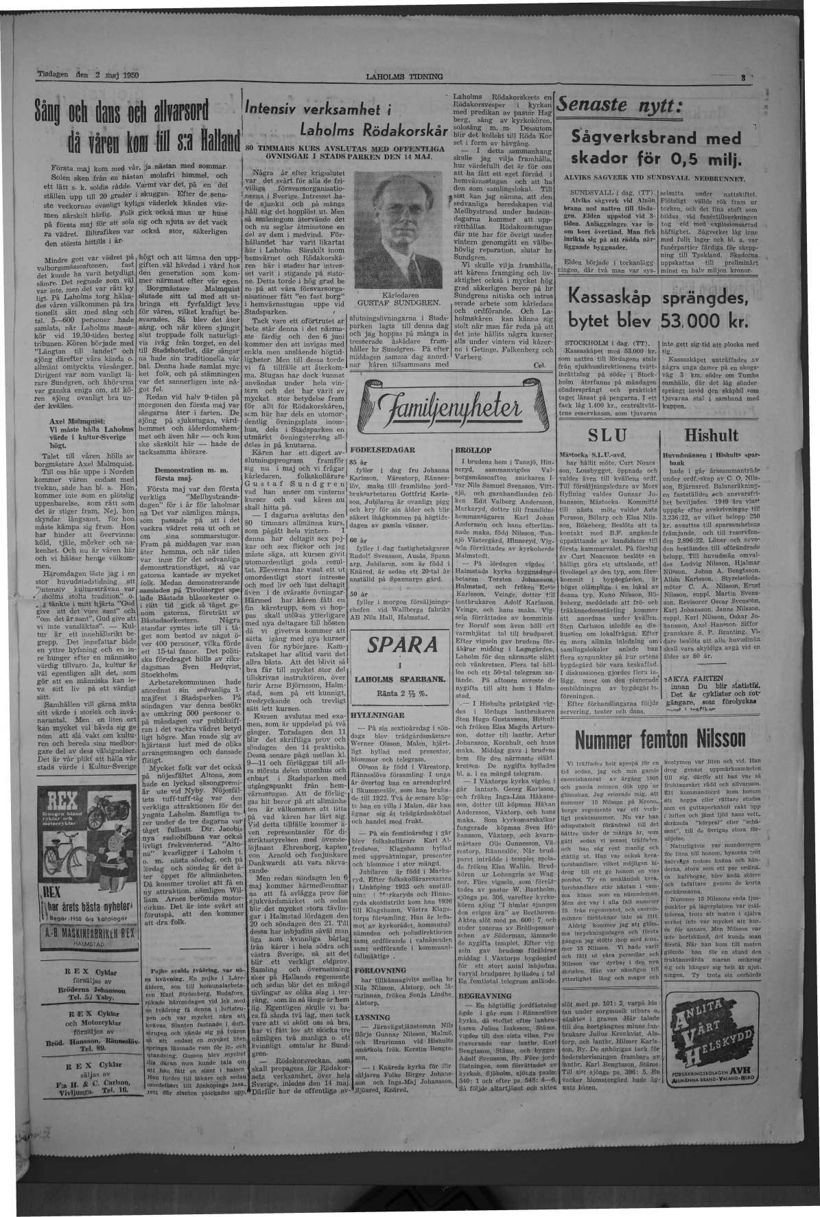 Laholms Tidning Tisdag 2 maj 1950, sida 3