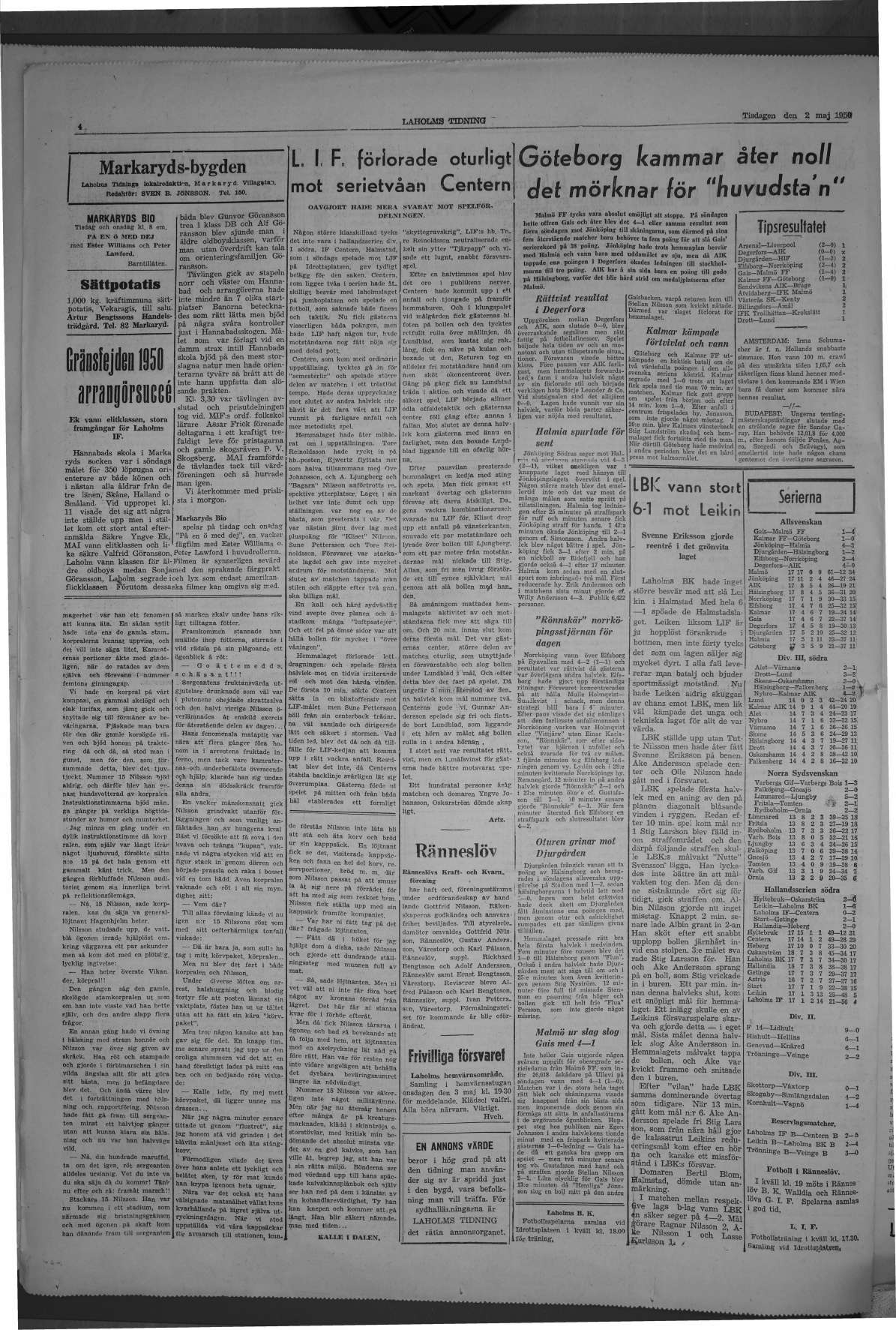 Laholms Tidning Tisdag 2 maj 1950, sida 4