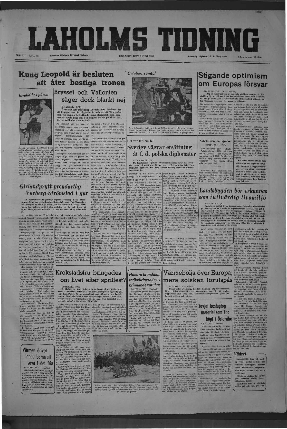 Laholms Tidning Tisdag 6 juni 1950, sida 1