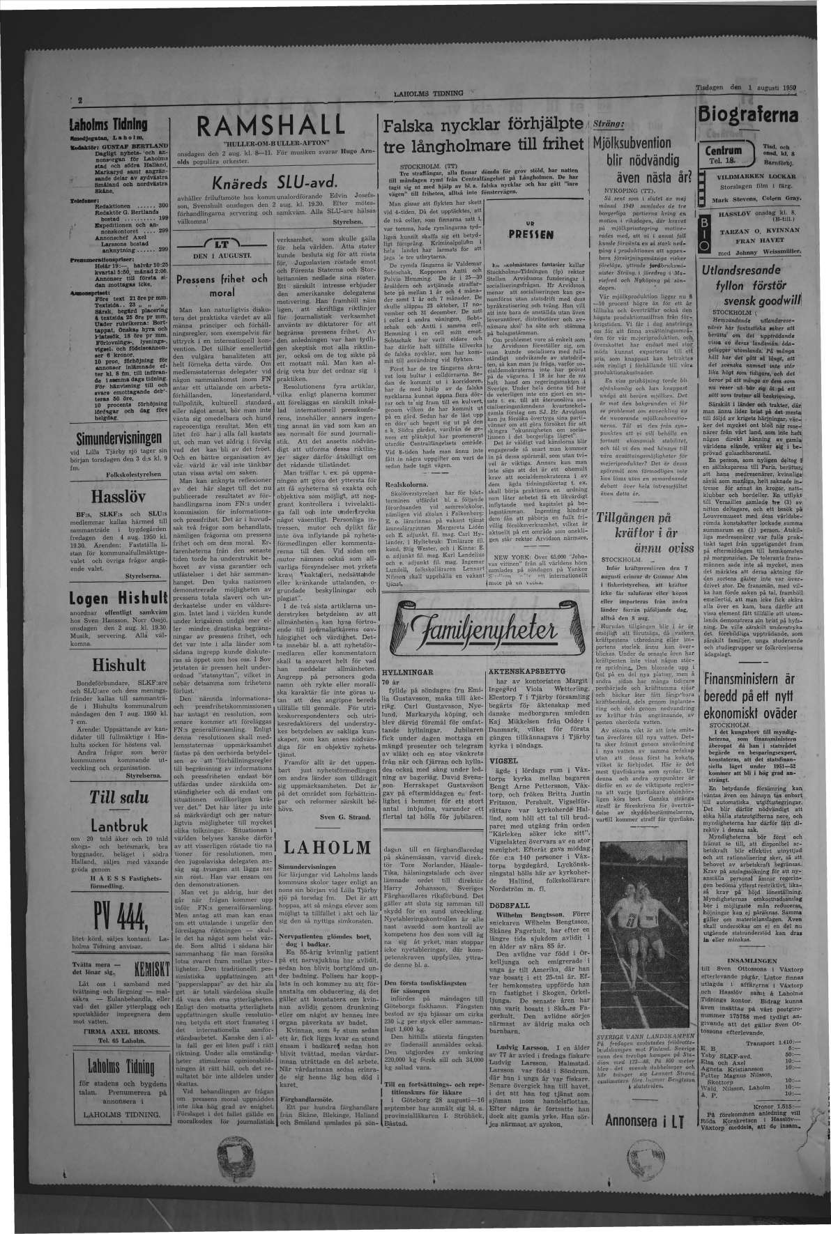 Laholms Tidning Tisdag 1 augusti 1950, sida 2