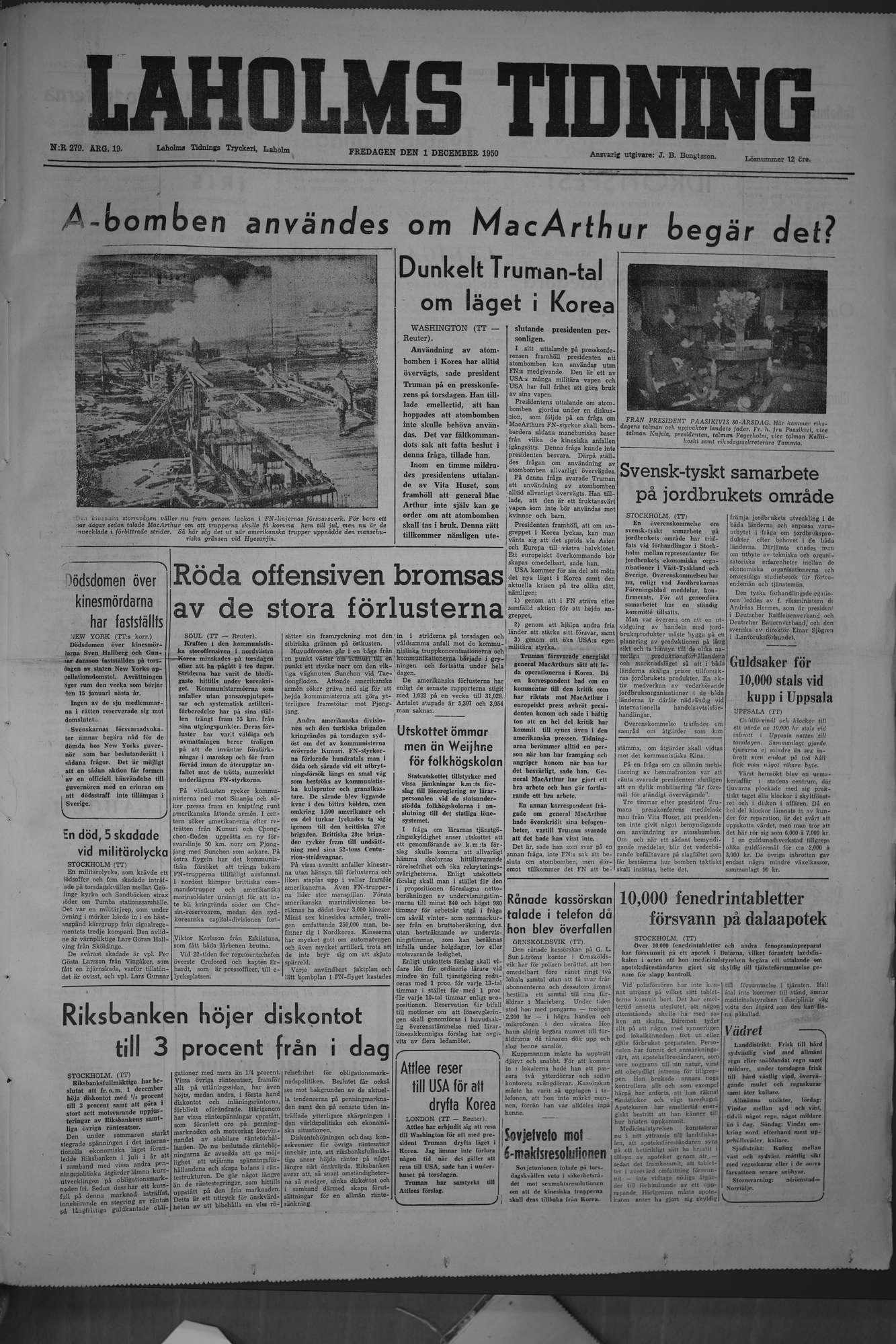 Laholms Tidning Fredag 1 december 1950, sida 1