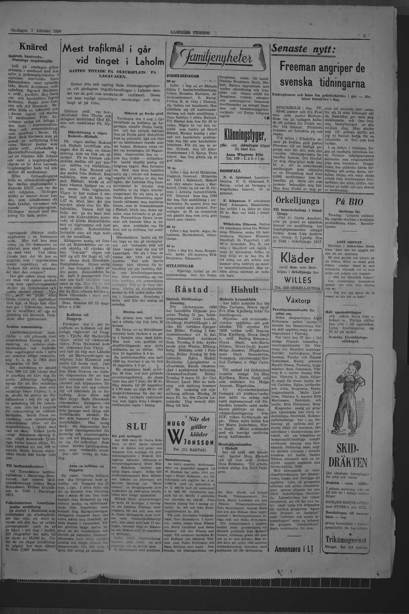 Laholms Tidning Onsdag 1 februari 1950, sida 3