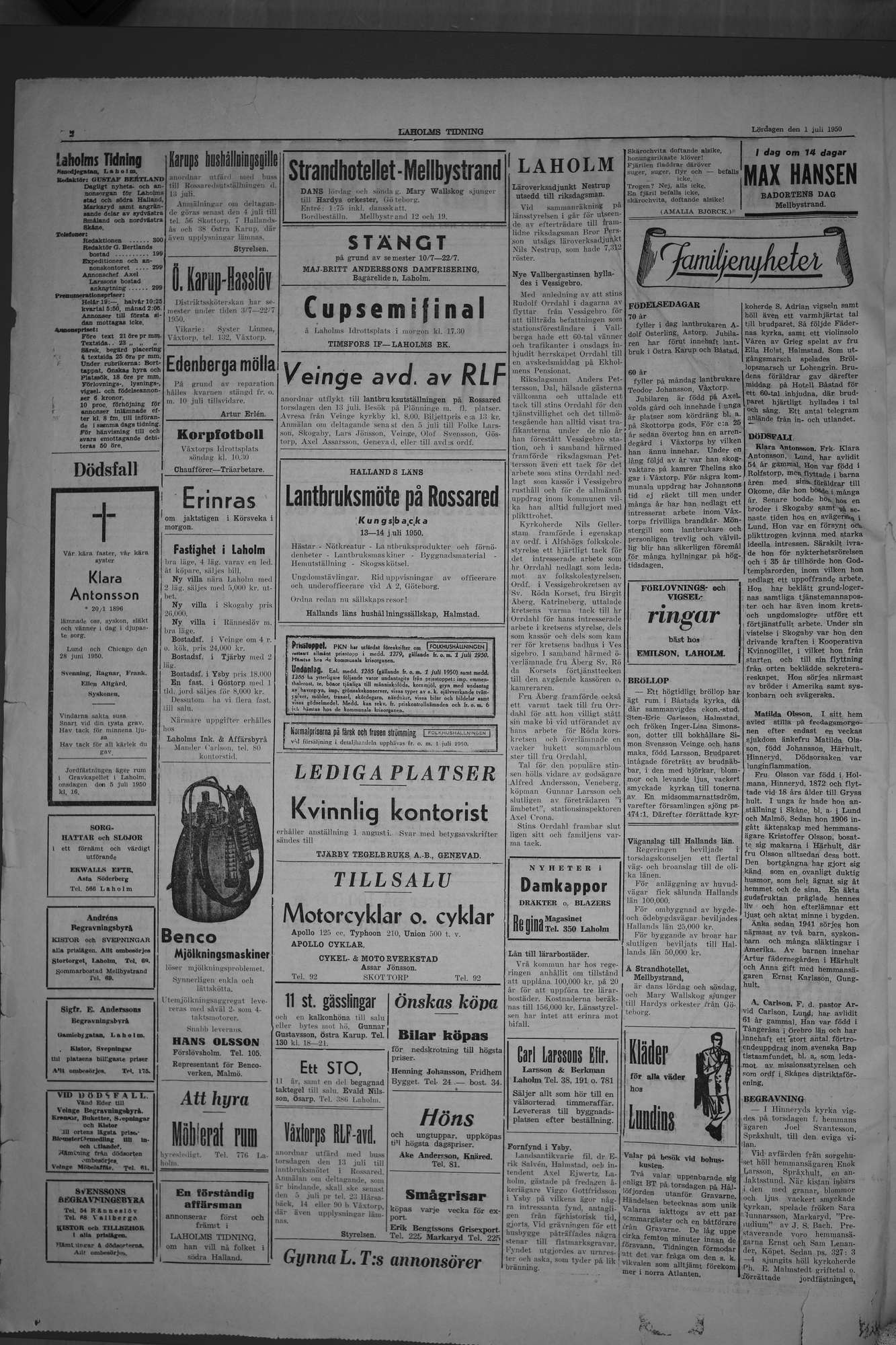 Laholms Tidning Lördag 1 juli 1950, sida 2