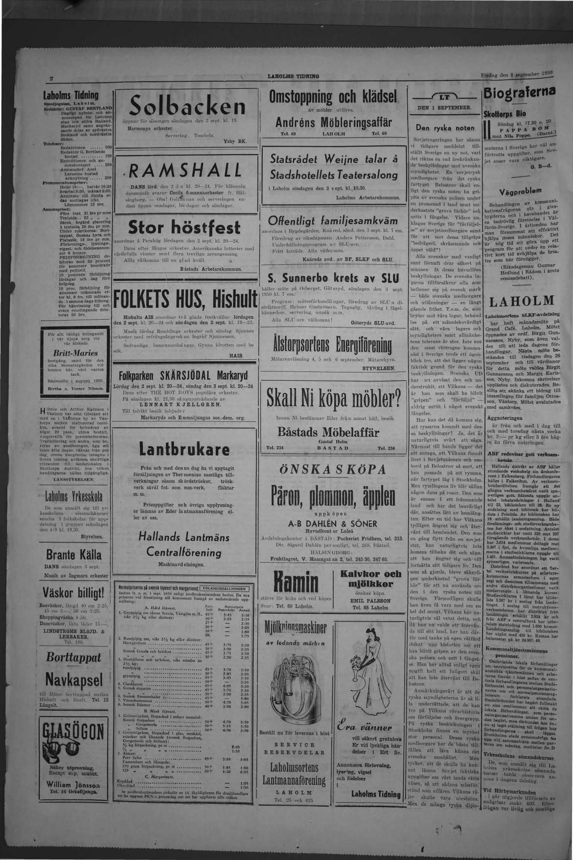 Laholms Tidning Fredag 1 september 1950, sida 2