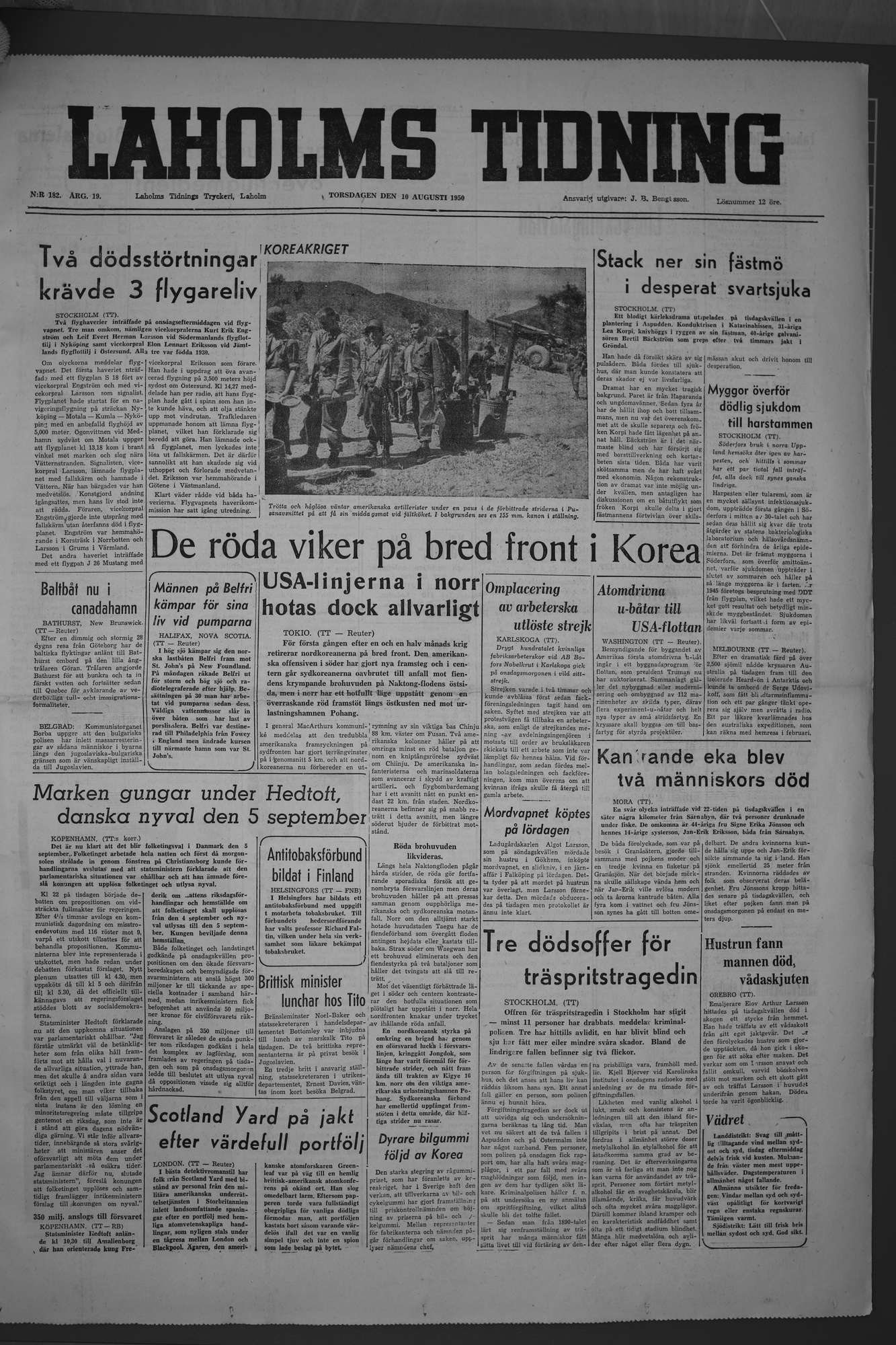 Laholms Tidning Torsdag 10 augusti 1950, sida 1