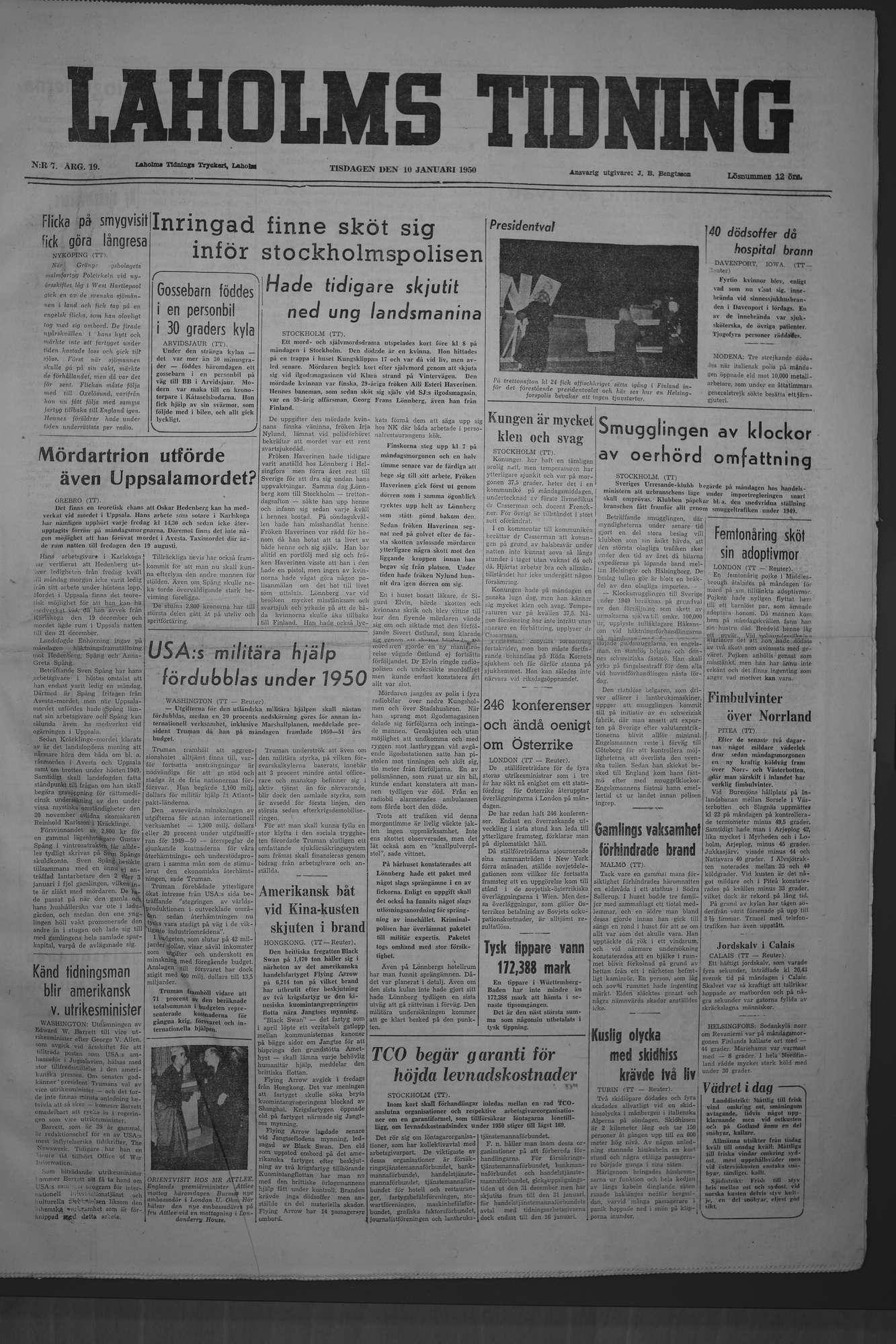 Laholms Tidning Tisdag 10 januari 1950, sida 1