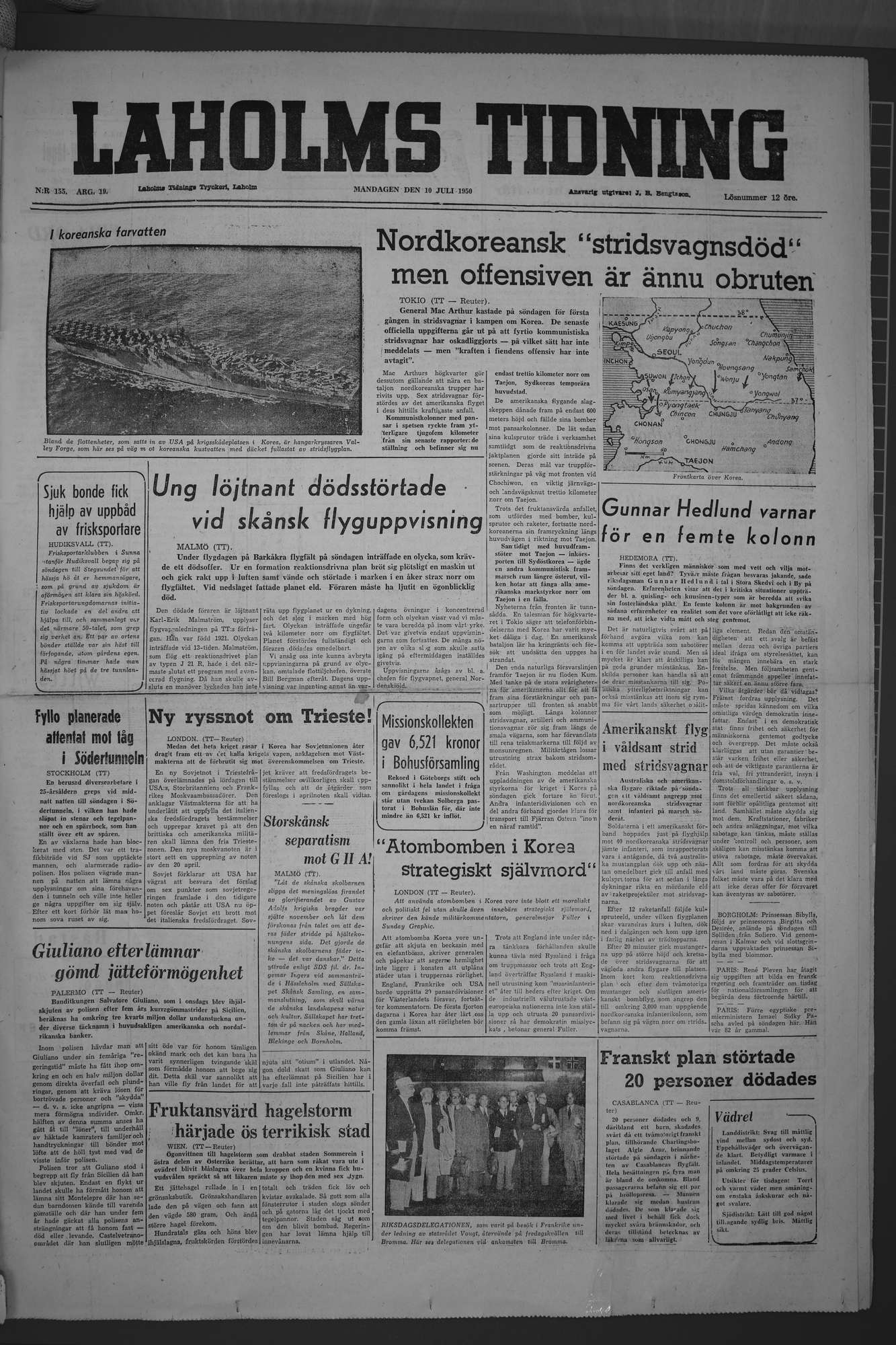 Laholms Tidning Måndag 10 juli 1950, sida 1