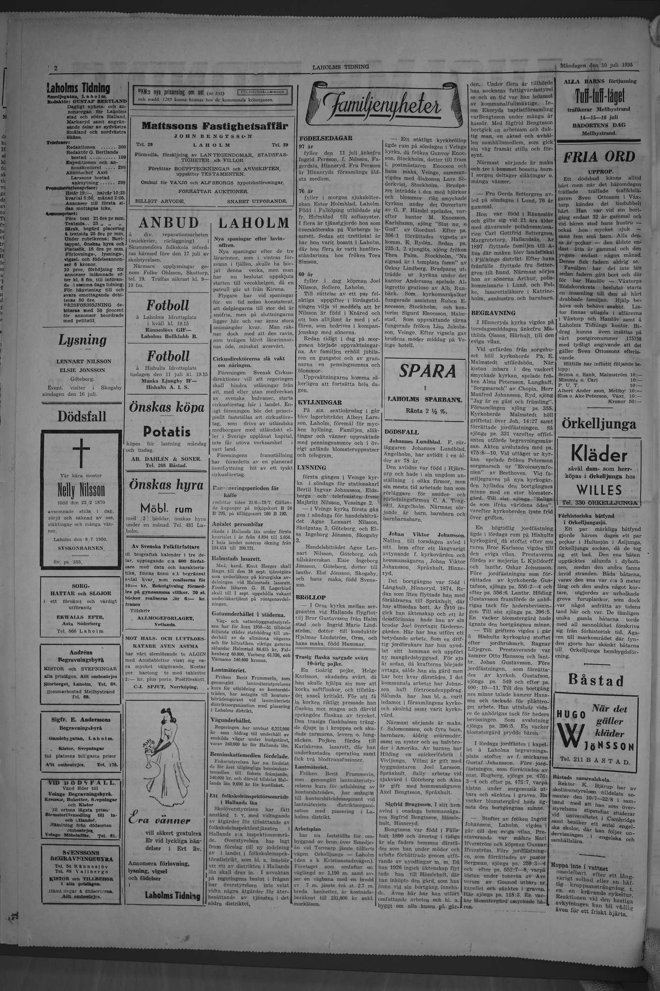 Laholms Tidning Måndag 10 juli 1950, sida 2