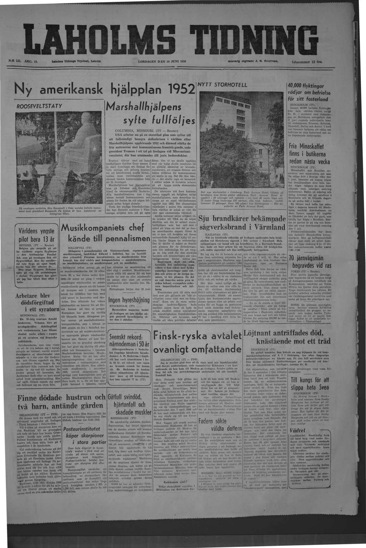 Laholms Tidning Lördag 10 juni 1950, sida 1