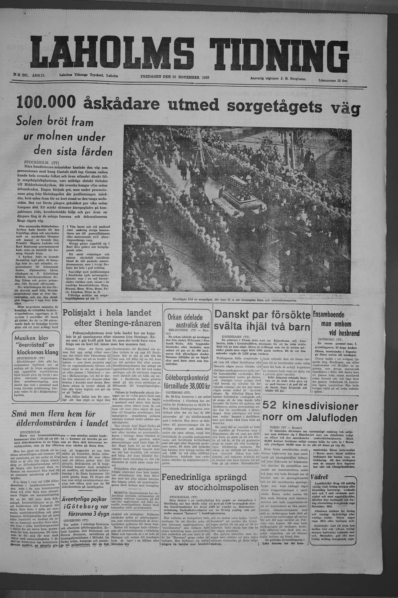 Laholms Tidning Fredag 10 november 1950, sida 1