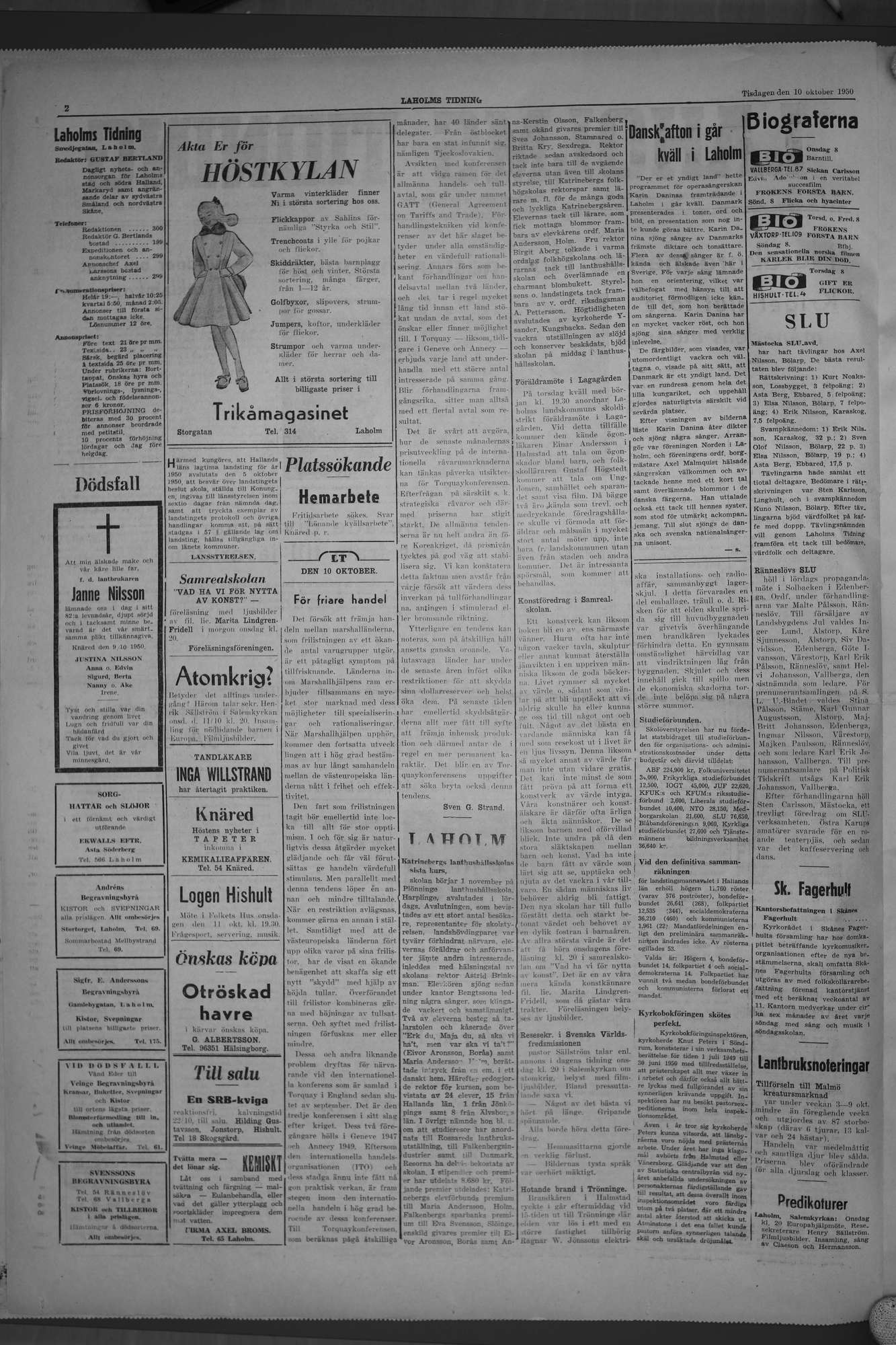 Laholms Tidning Tisdag 10 oktober 1950, sida 2
