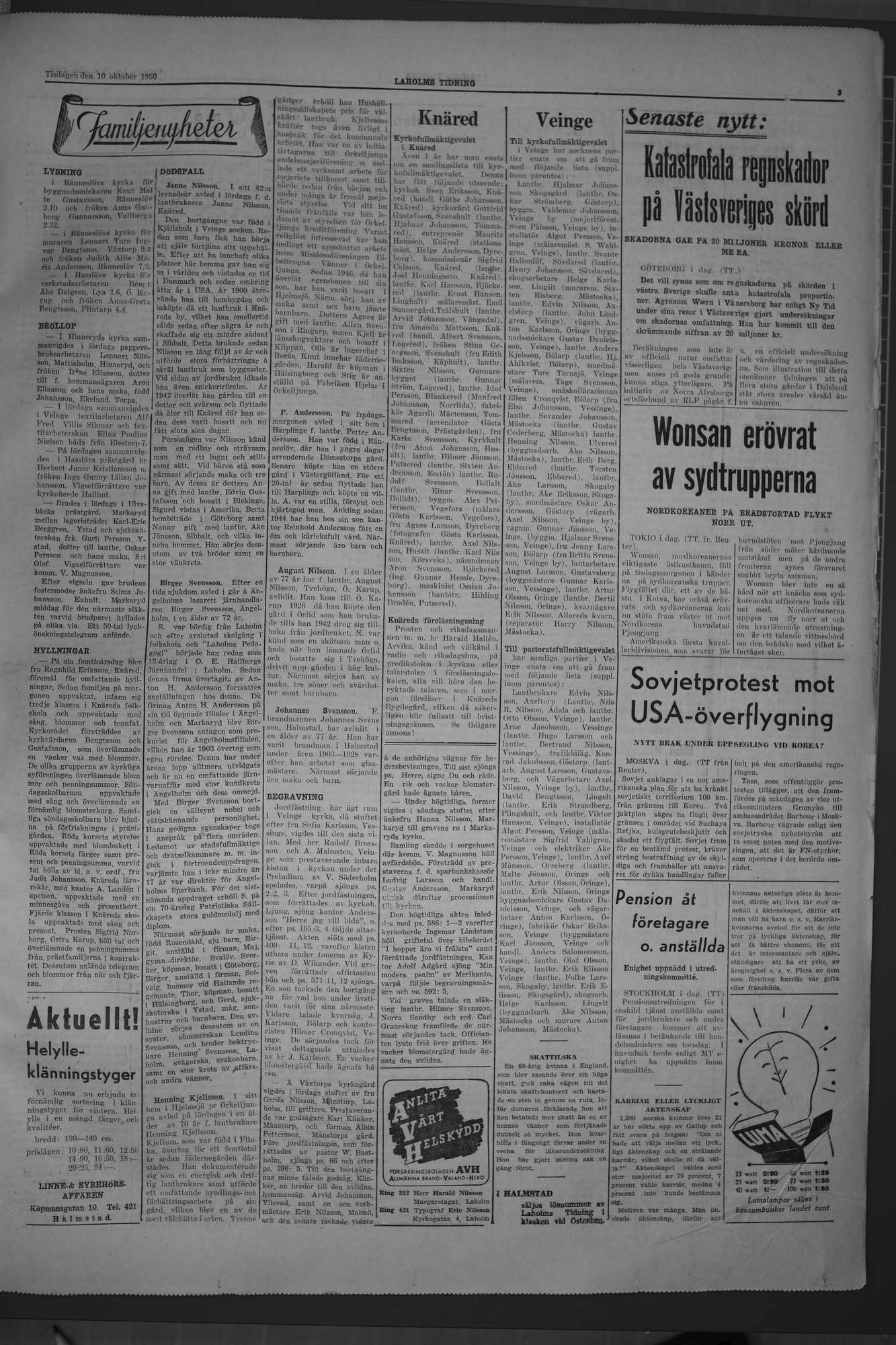 Laholms Tidning Tisdag 10 oktober 1950, sida 3