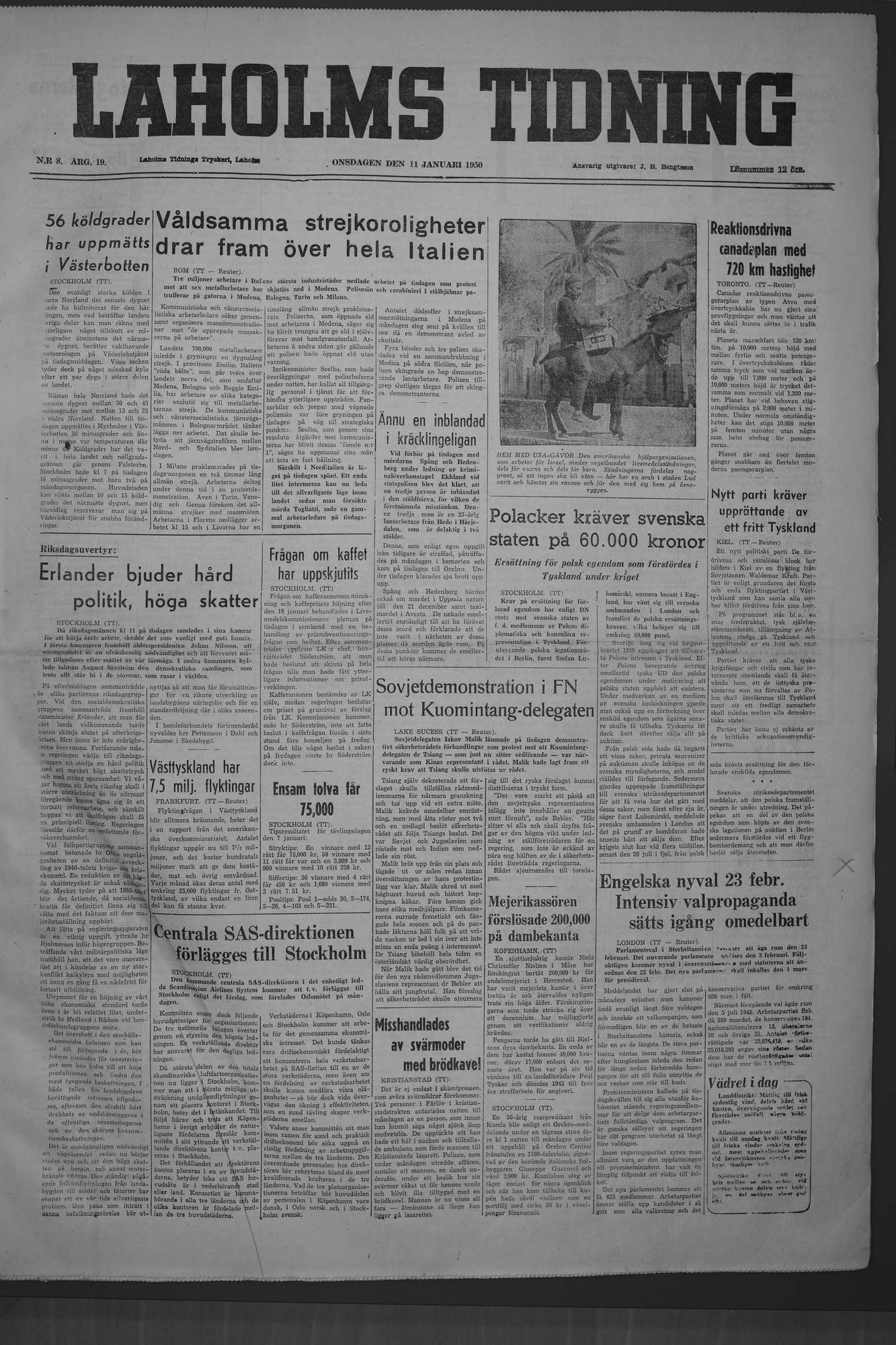 Laholms Tidning Onsdag 11 januari 1950, sida 1