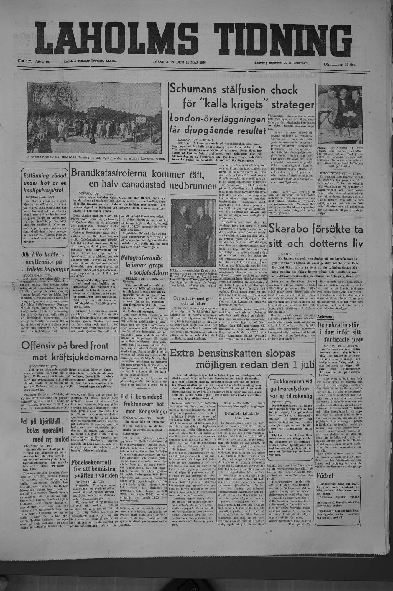 Laholms Tidning Torsdag 11 maj 1950, sida 1