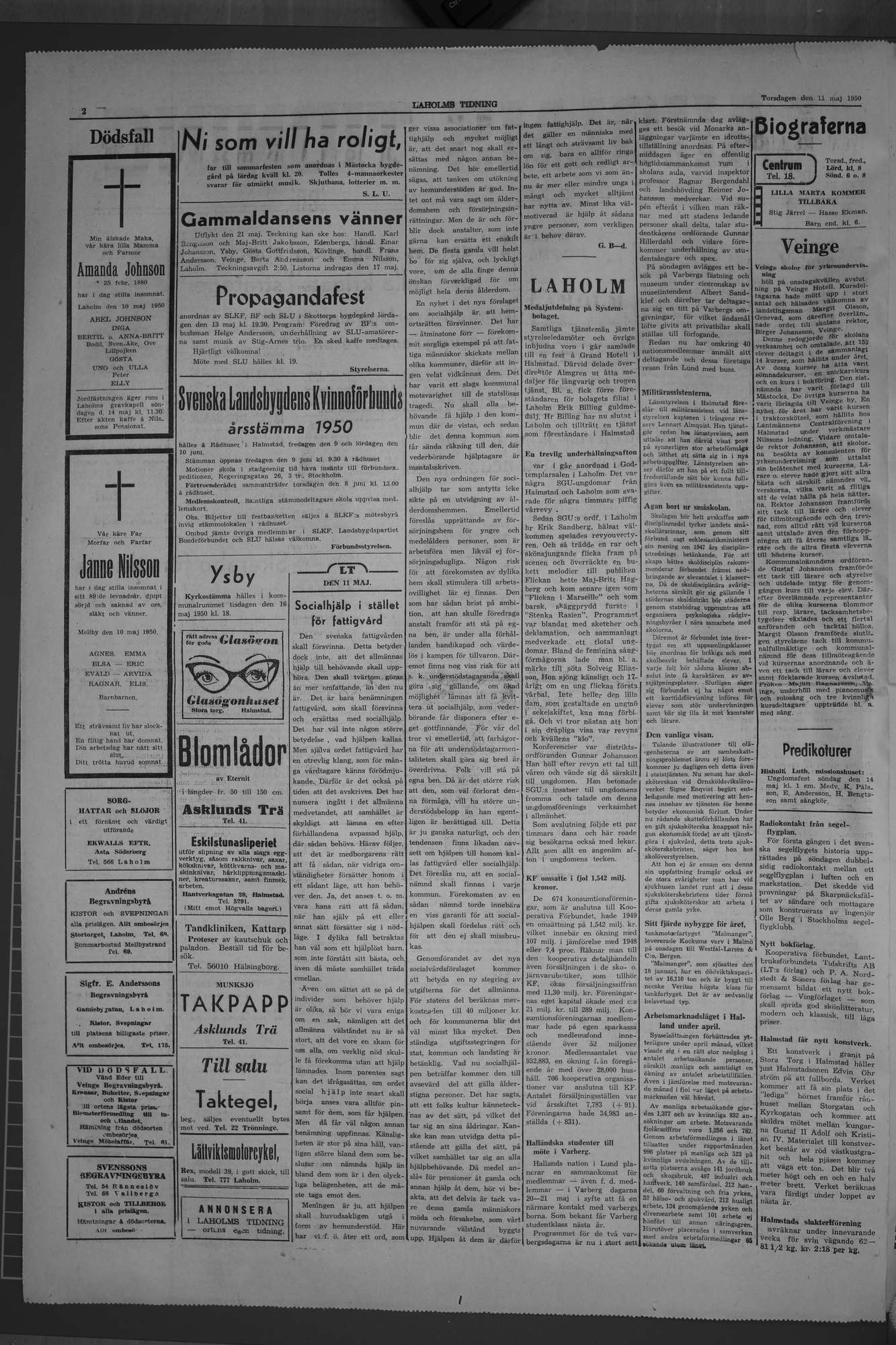 Laholms Tidning Torsdag 11 maj 1950, sida 2