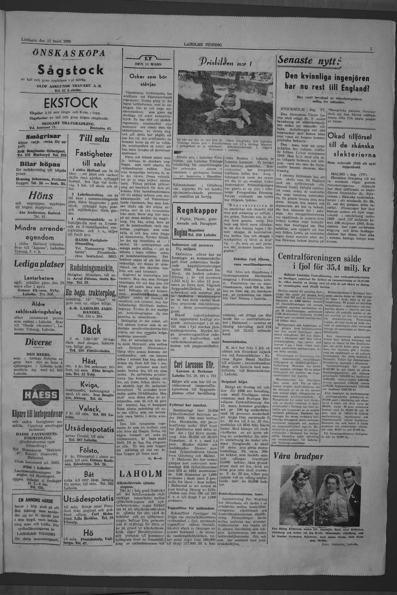 Laholms Tidning Lördag 11 mars 1950, sida 3