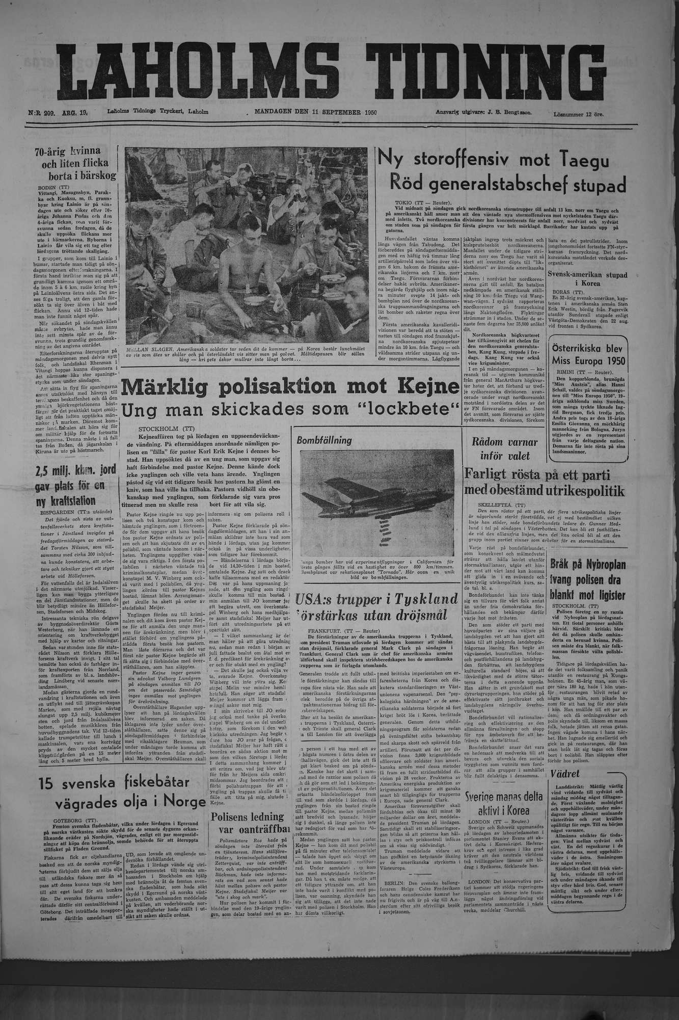 Laholms Tidning Måndag 11 september 1950, sida 1