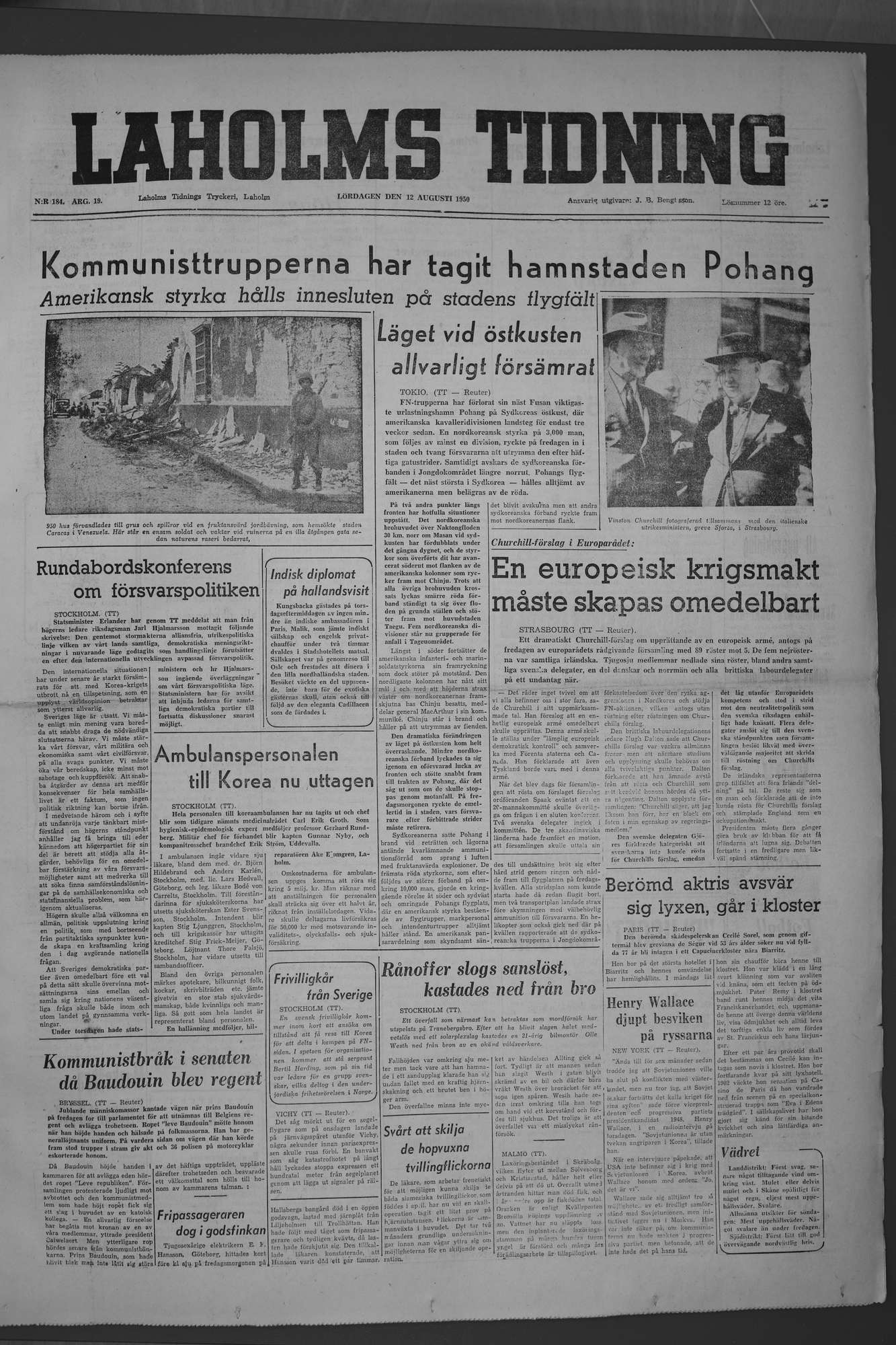 Laholms Tidning Lördag 12 augusti 1950, sida 1