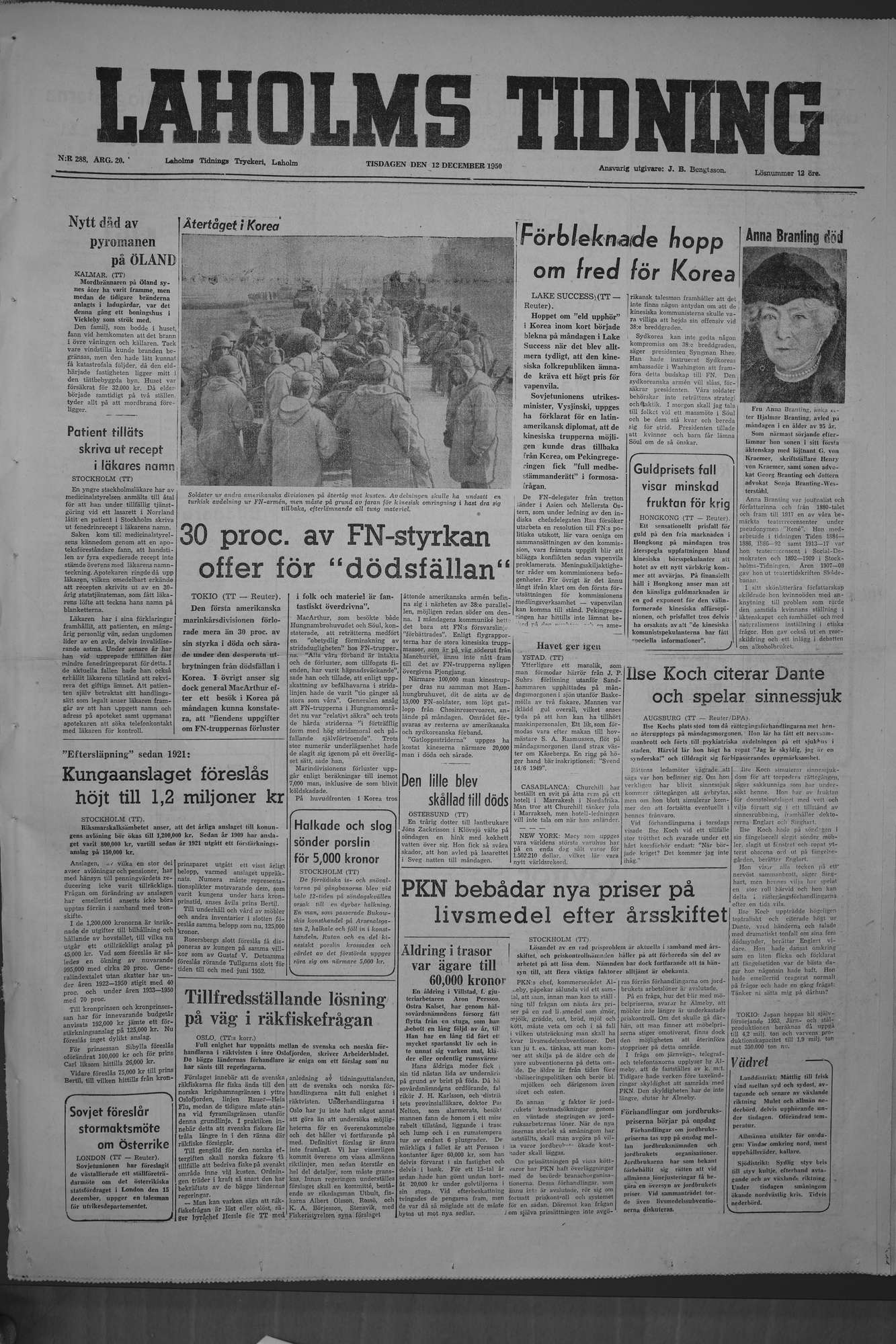 Laholms Tidning Tisdag 12 december 1950, sida 1