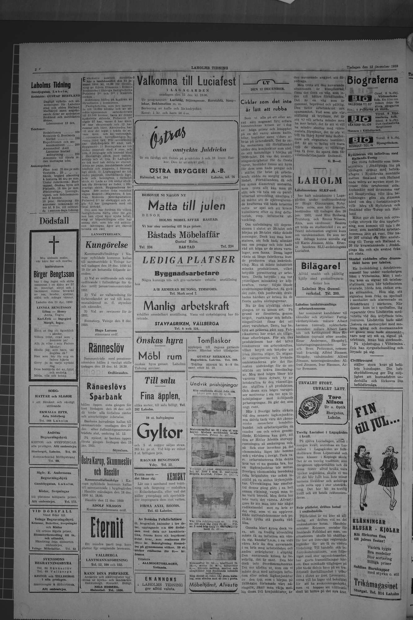 Laholms Tidning Tisdag 12 december 1950, sida 2