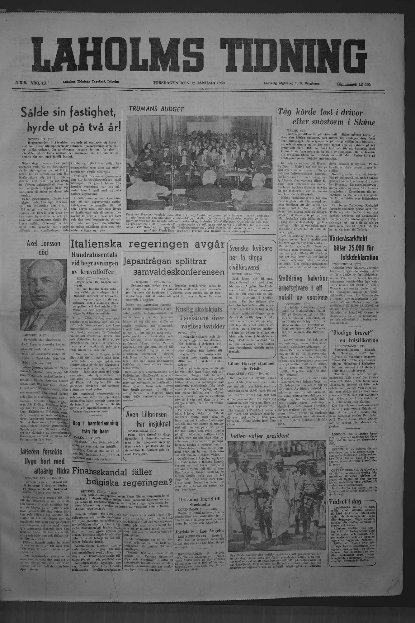 Laholms Tidning Torsdag 12 januari 1950, sida 1