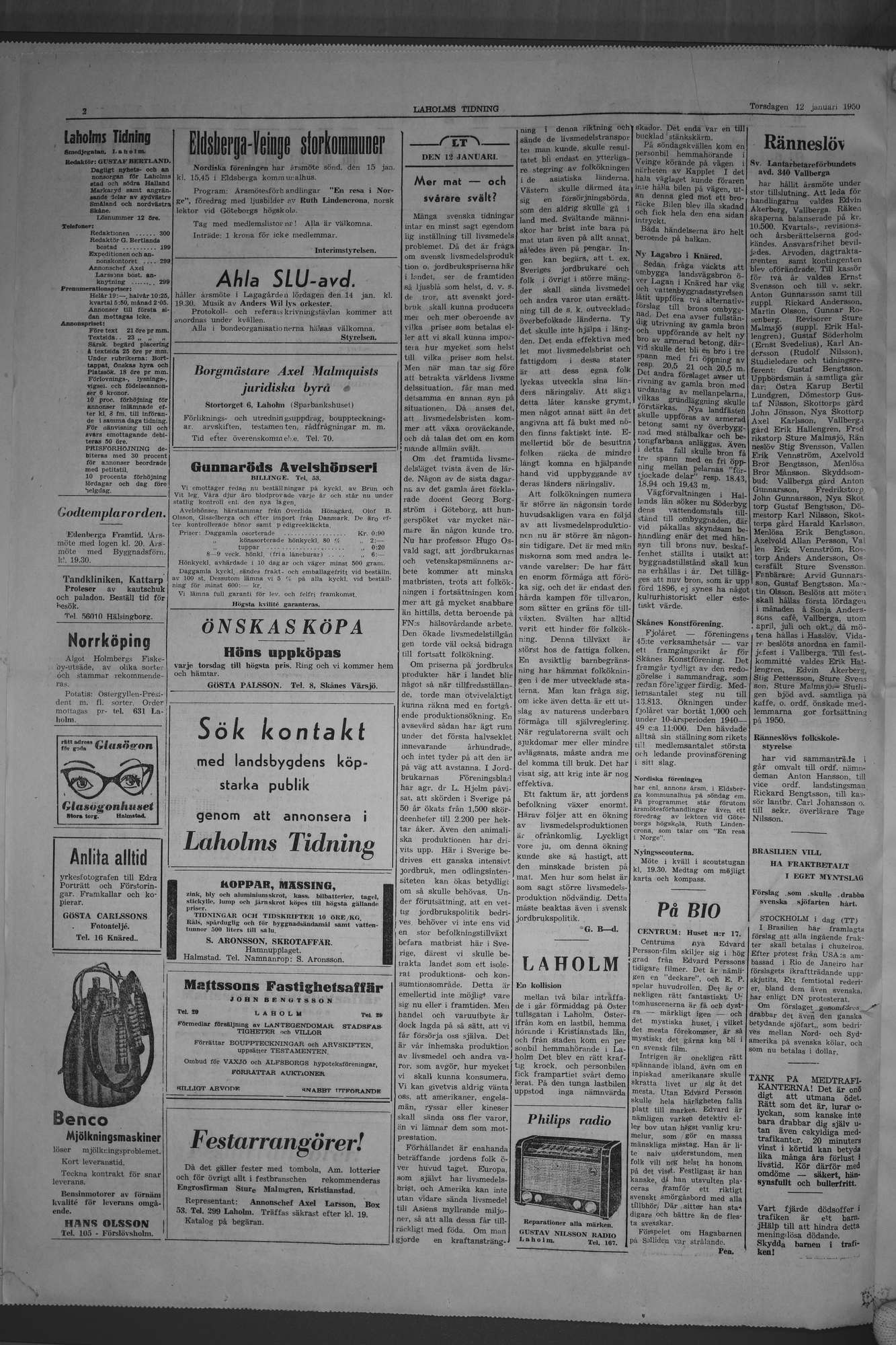 Laholms Tidning Torsdag 12 januari 1950, sida 2