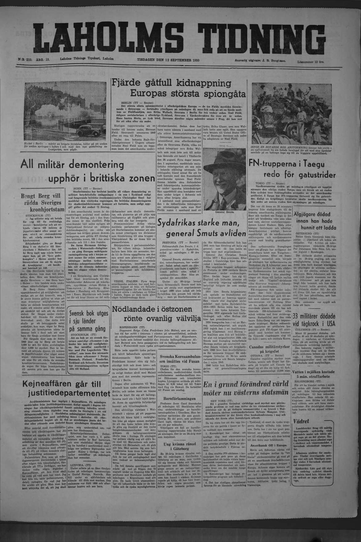 Laholms Tidning Tisdag 12 september 1950, sida 1