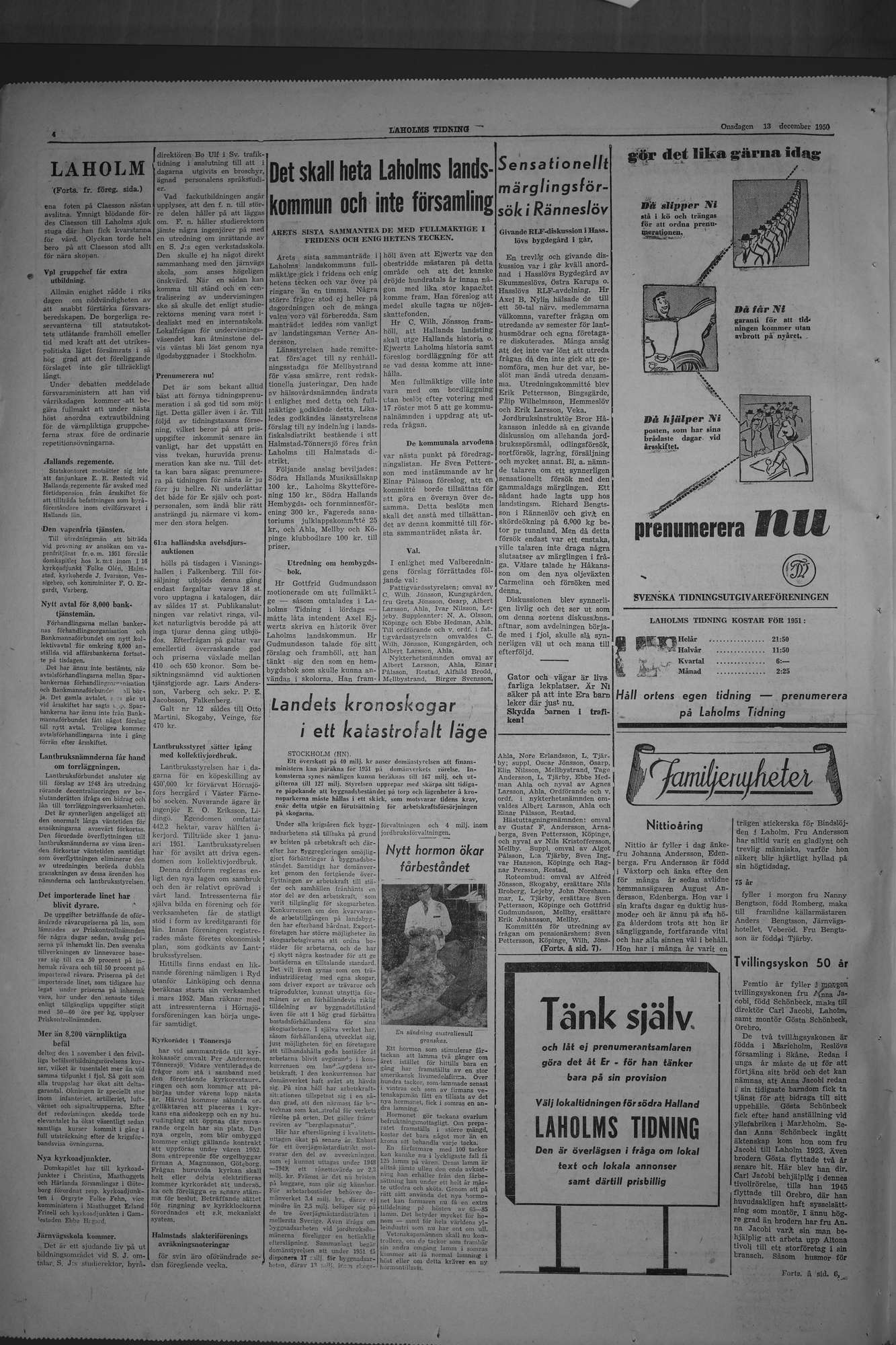 Laholms Tidning Onsdag 13 december 1950, sida 4