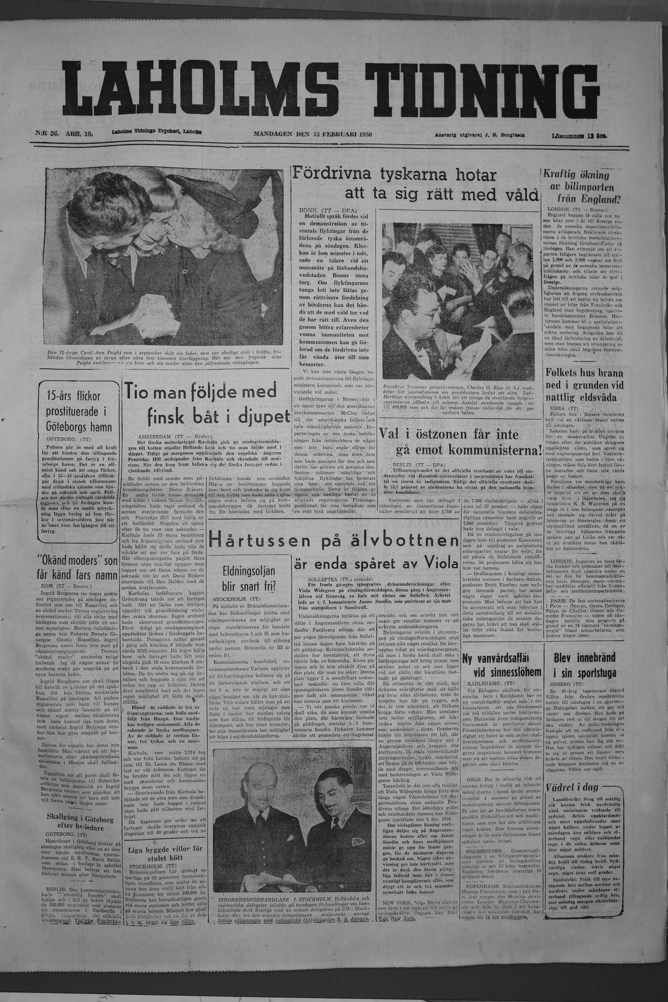 Laholms Tidning Måndag 13 februari 1950, sida 1
