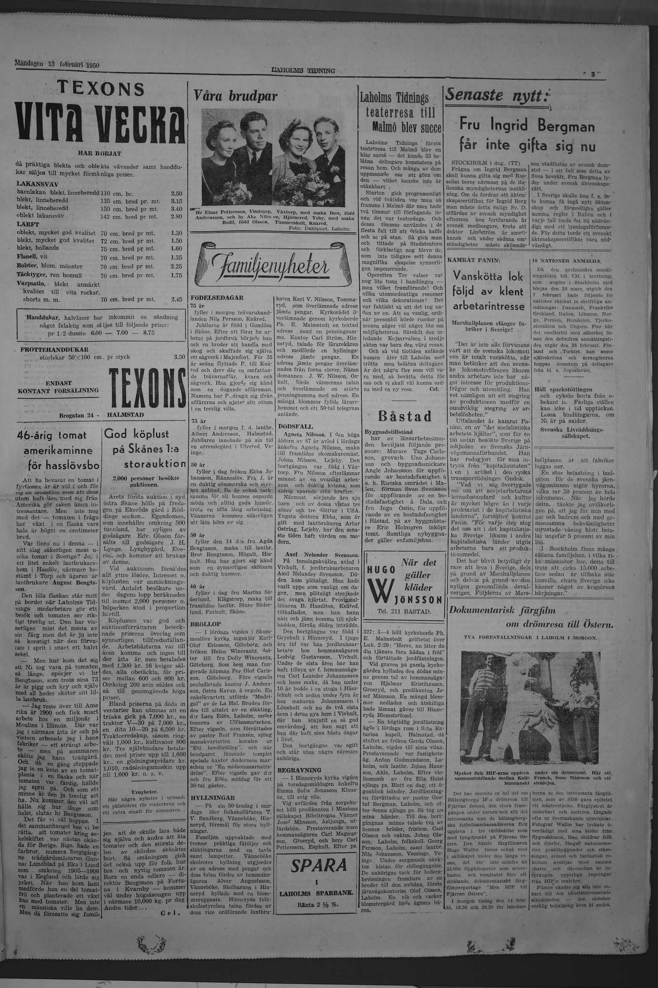 Laholms Tidning Måndag 13 februari 1950, sida 3