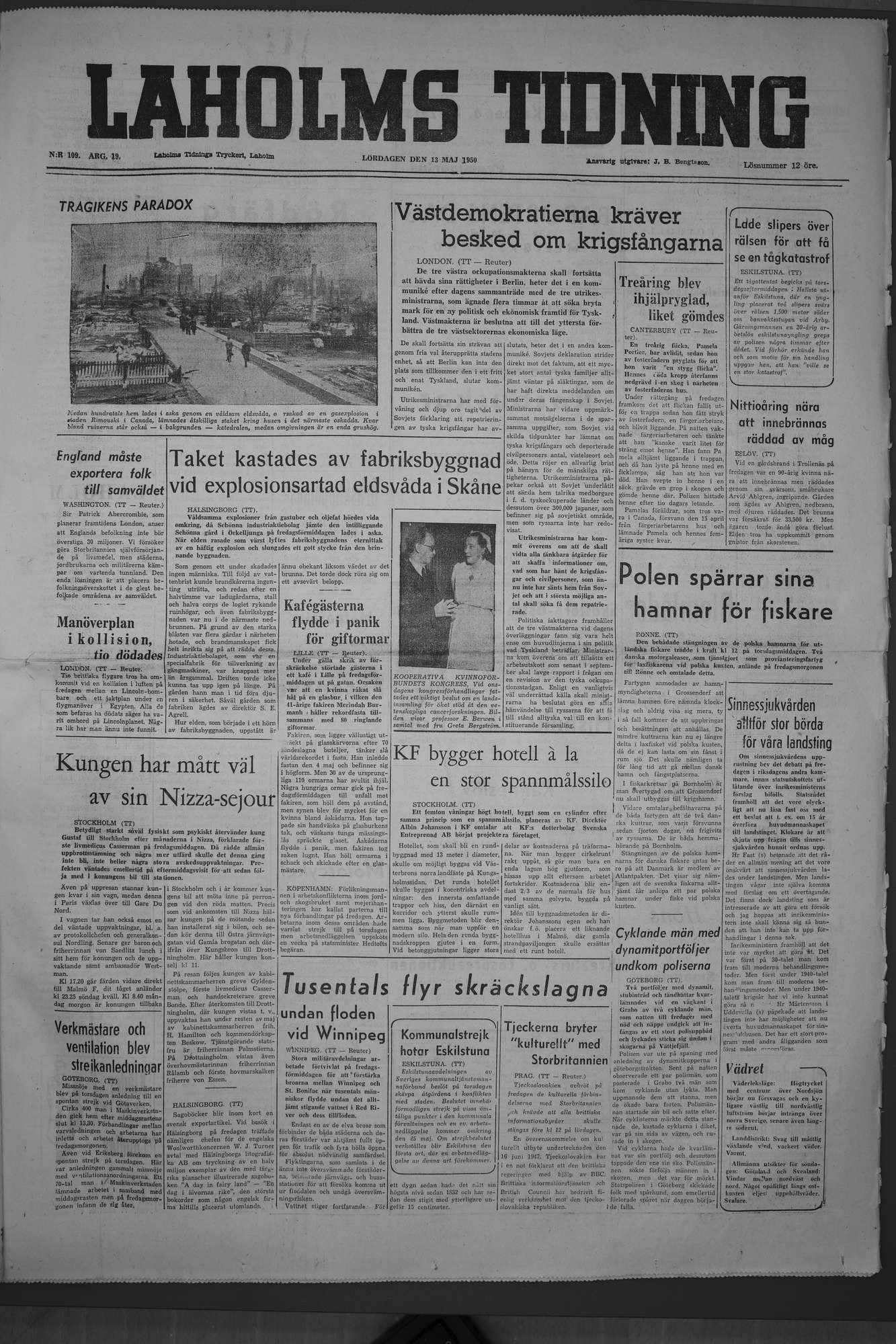 Laholms Tidning Lördag 13 maj 1950, sida 1