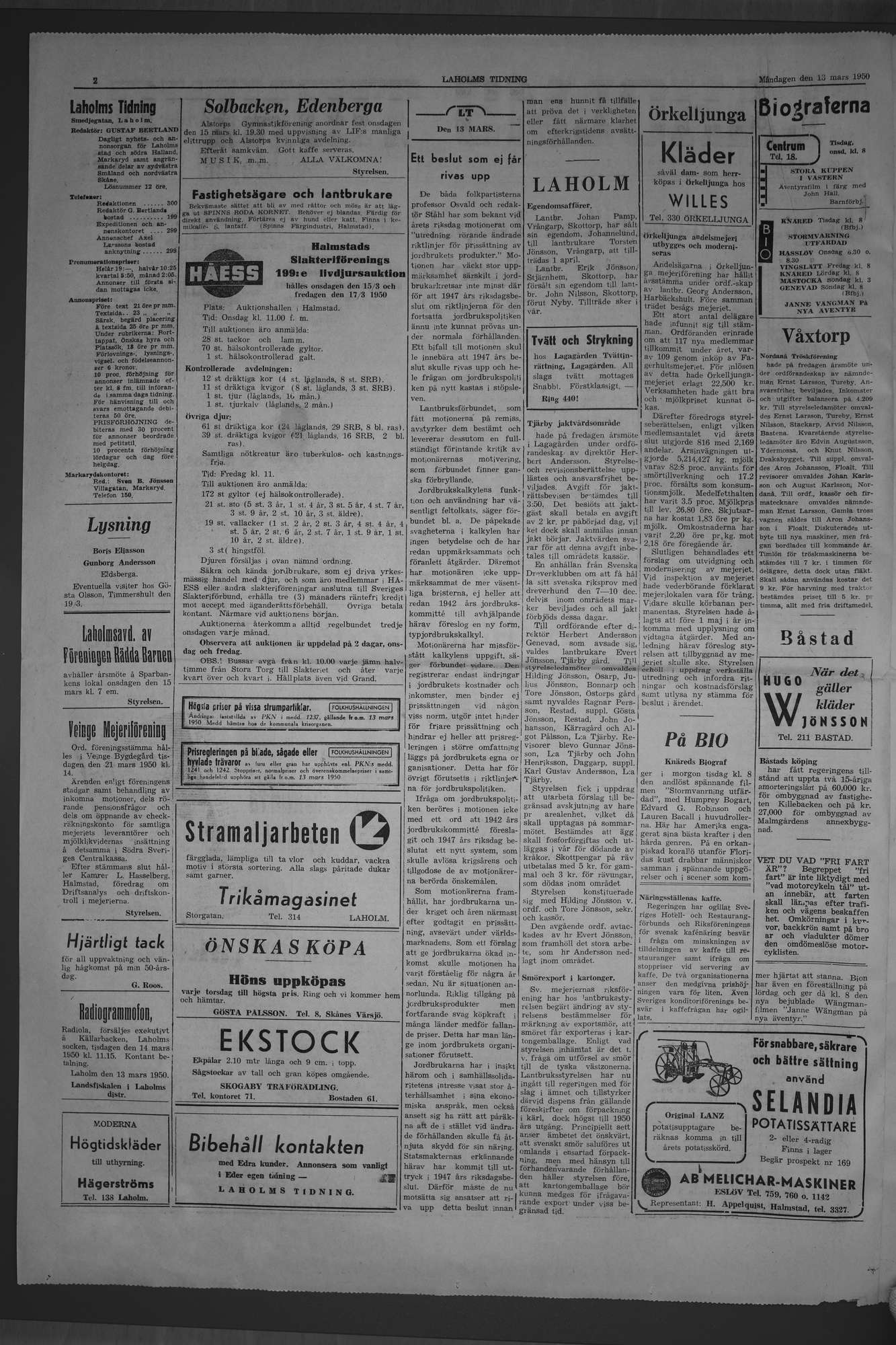 Laholms Tidning Måndag 13 mars 1950, sida 2