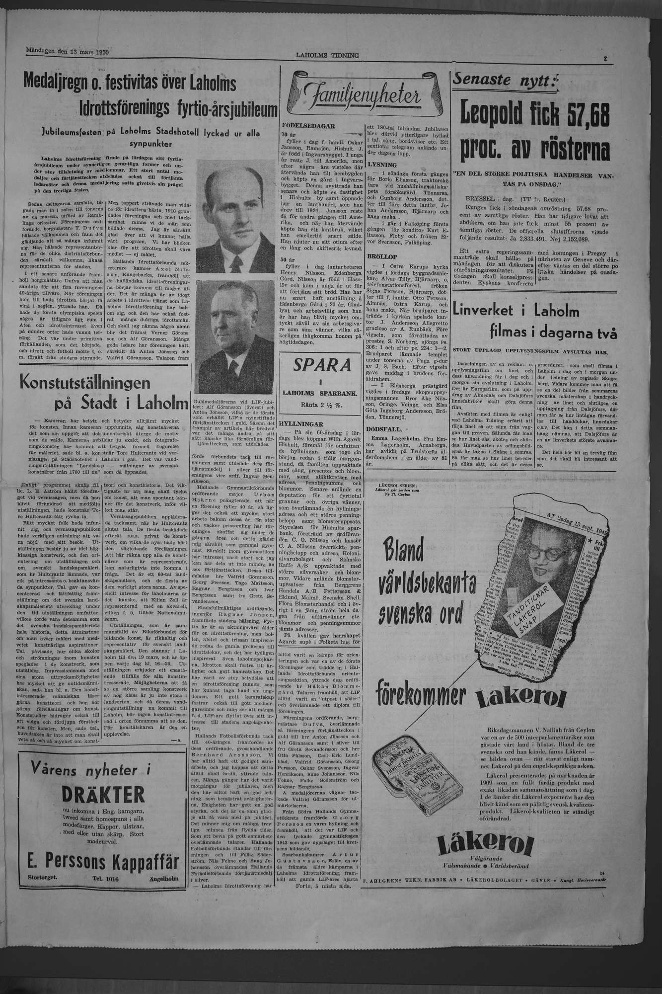 Laholms Tidning Måndag 13 mars 1950, sida 3