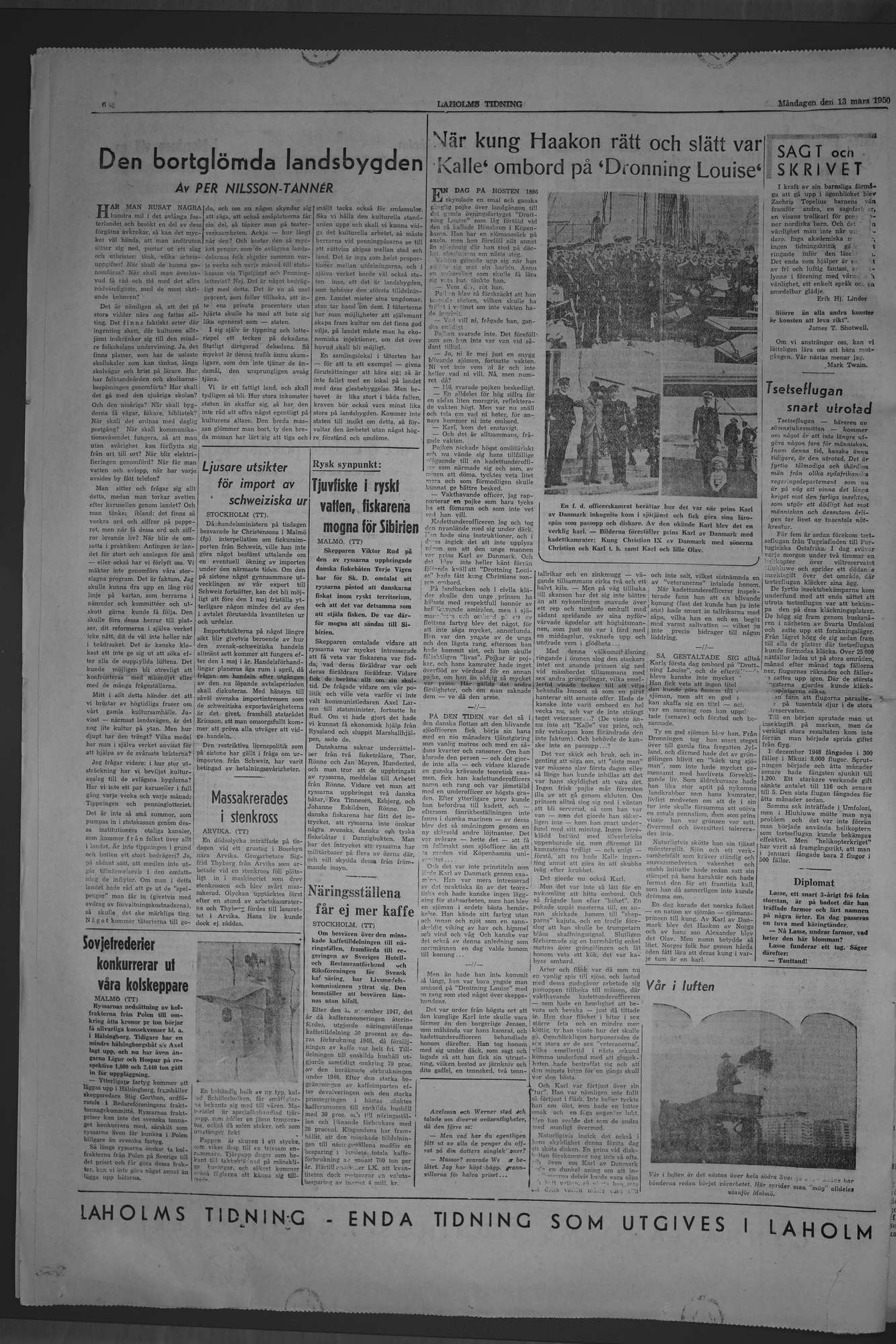 Laholms Tidning Måndag 13 mars 1950, sida 6