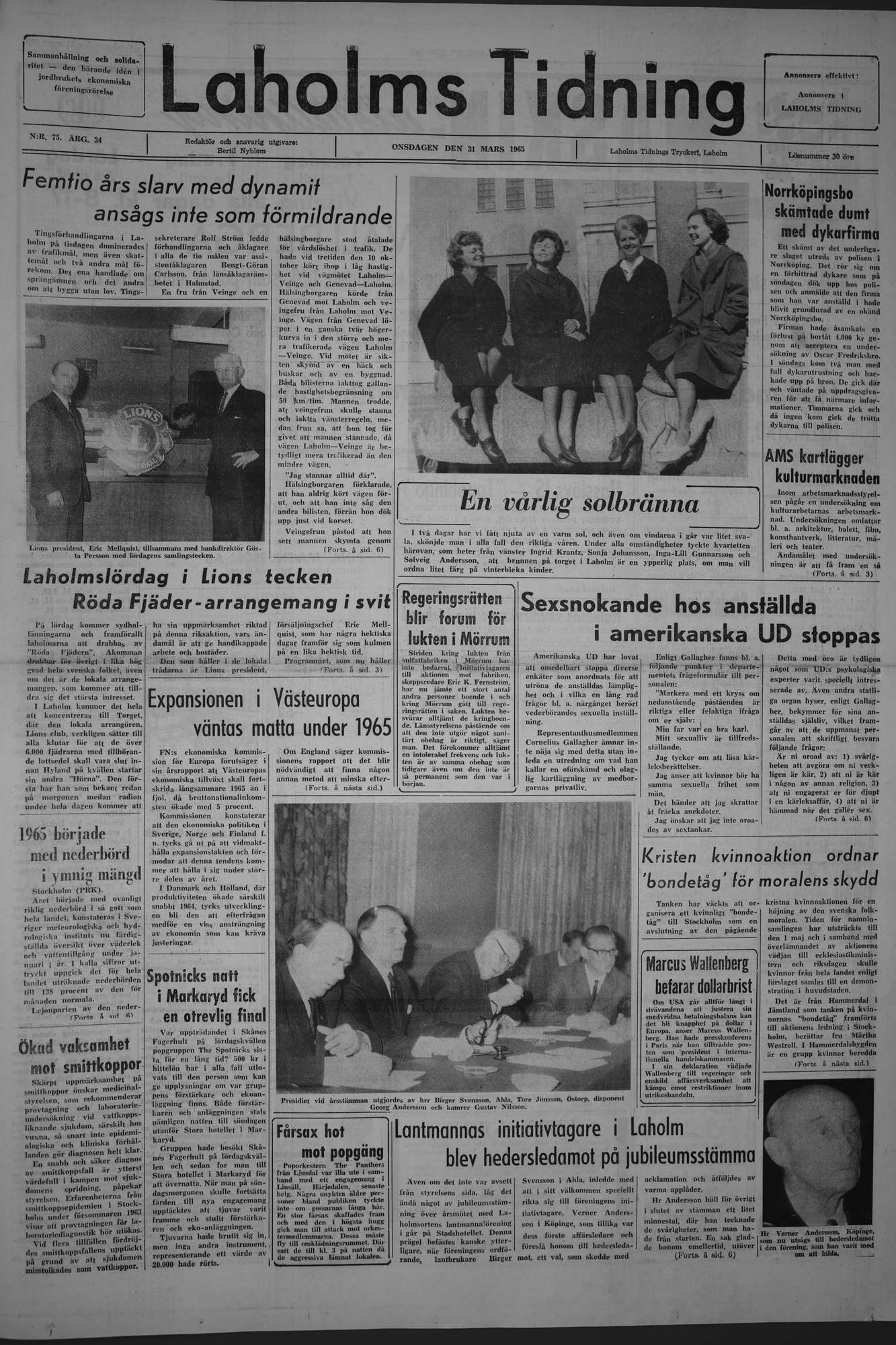 Laholms Tidning Onsdag 31 mars 1965, sida 1