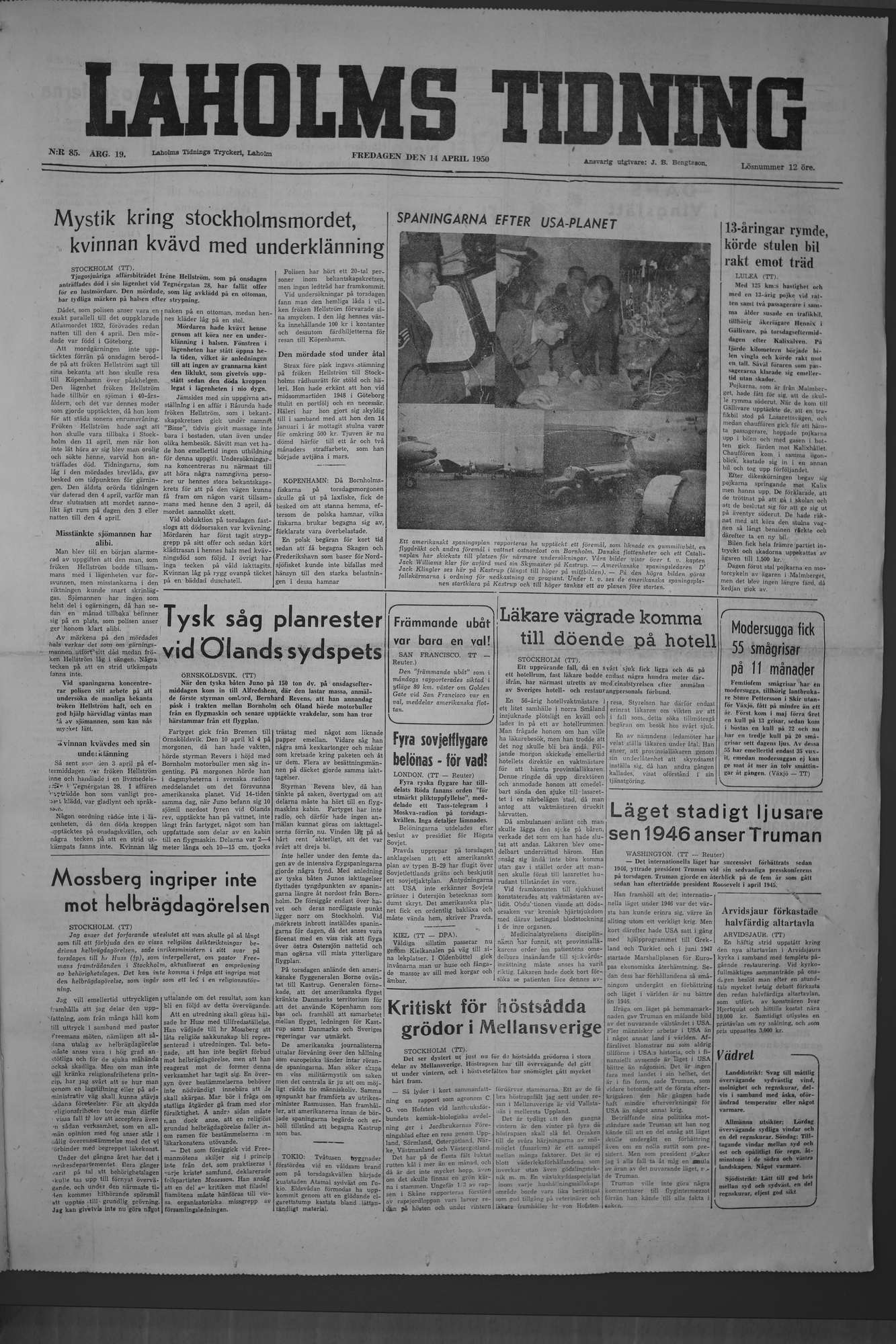 Laholms Tidning Fredag 14 april 1950, sida 1