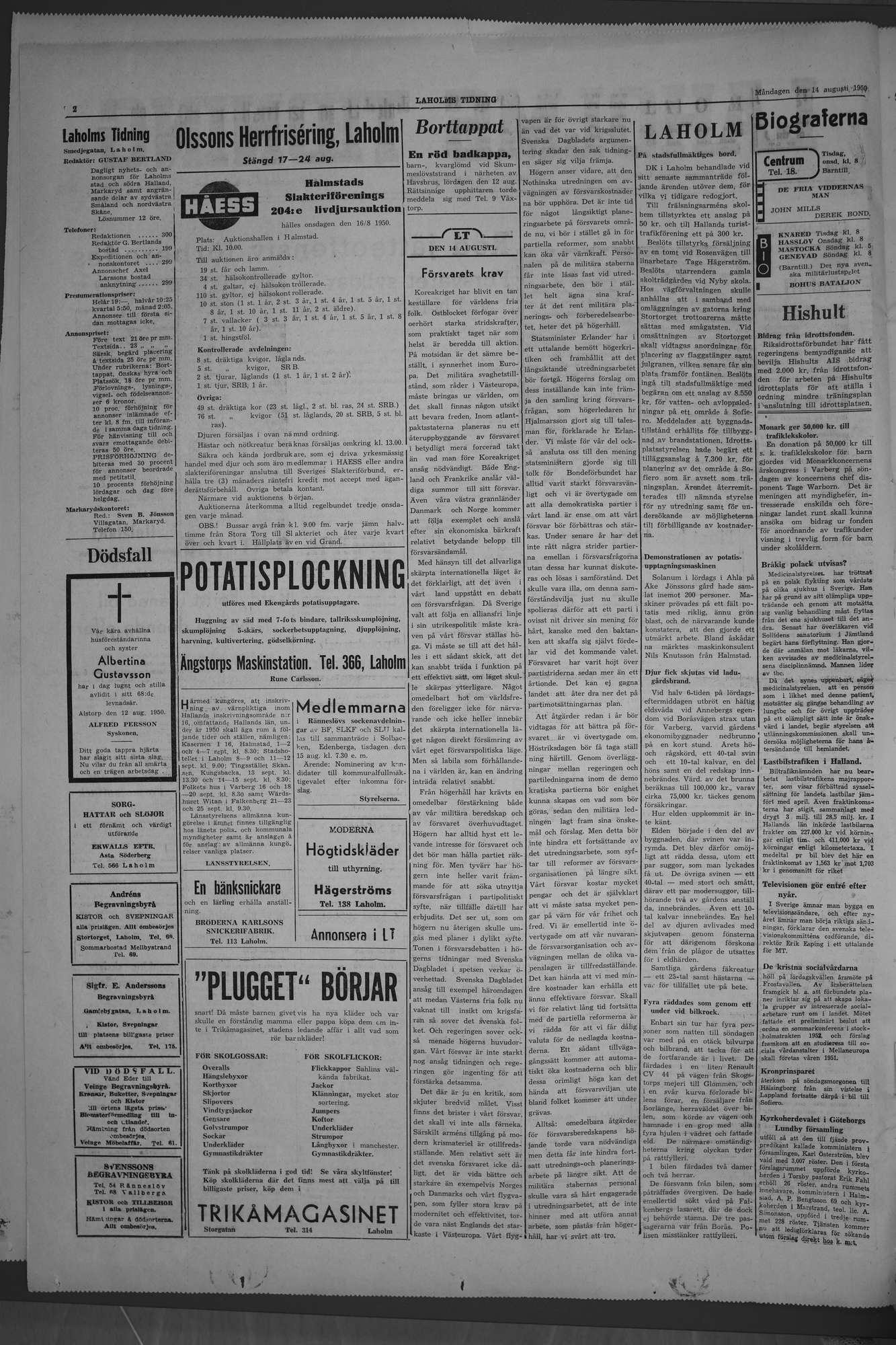 Laholms Tidning Måndag 14 augusti 1950, sida 2
