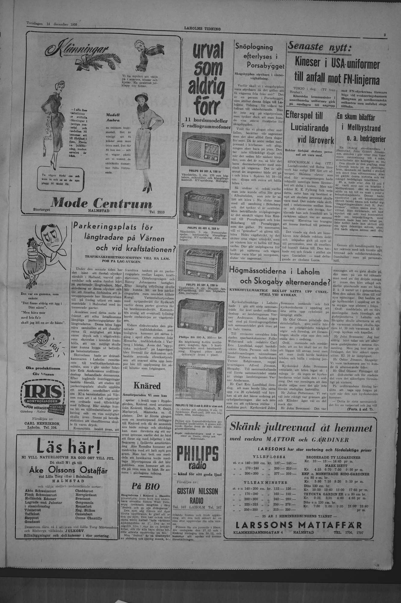 Laholms Tidning Torsdag 14 december 1950, sida 3