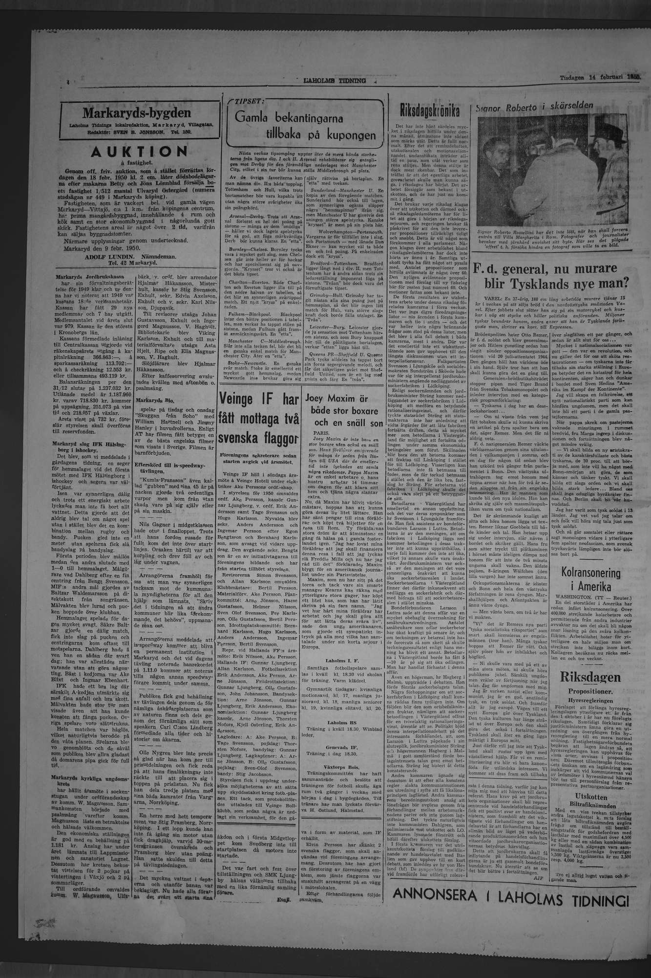 Laholms Tidning Tisdag 14 februari 1950, sida 4