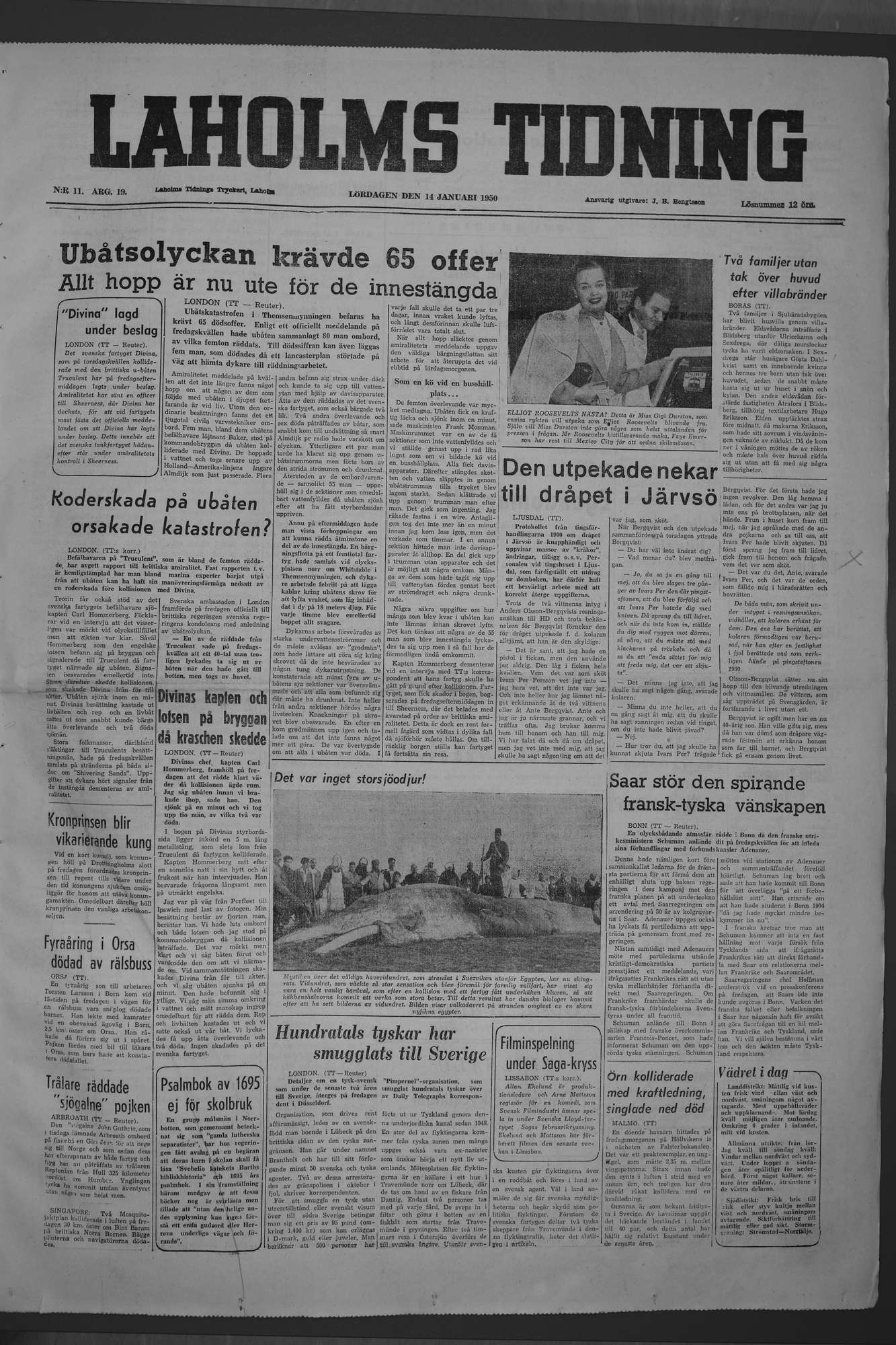 Laholms Tidning Lördag 14 januari 1950, sida 1